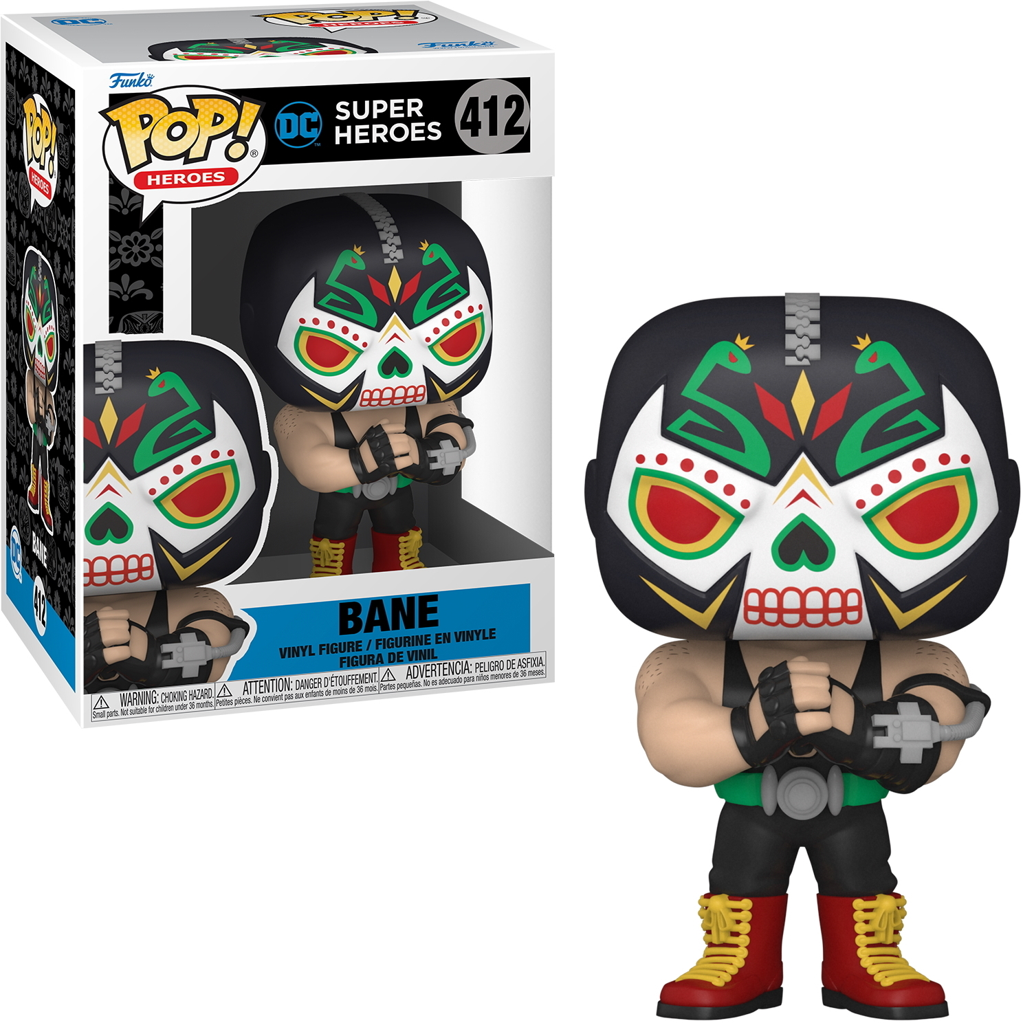 Bane Funko Pop Figur mit Maske, in einem schwarz-grünen Outfit. Die Box ist ebenfalls sichtbar.