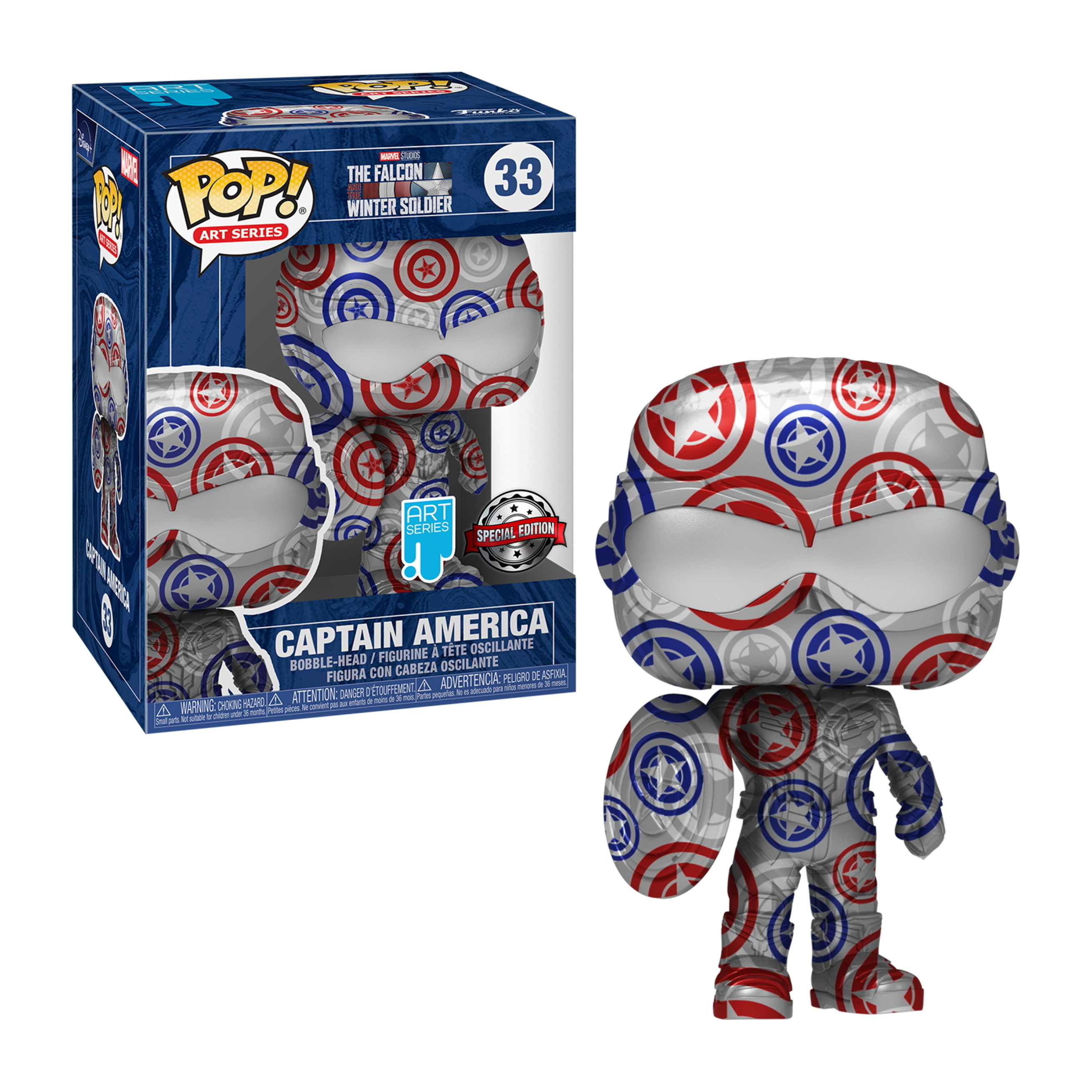 Figura del Capitán América con un escudo. El diseño tiene círculos rojos, blancos y azules con estrellas.