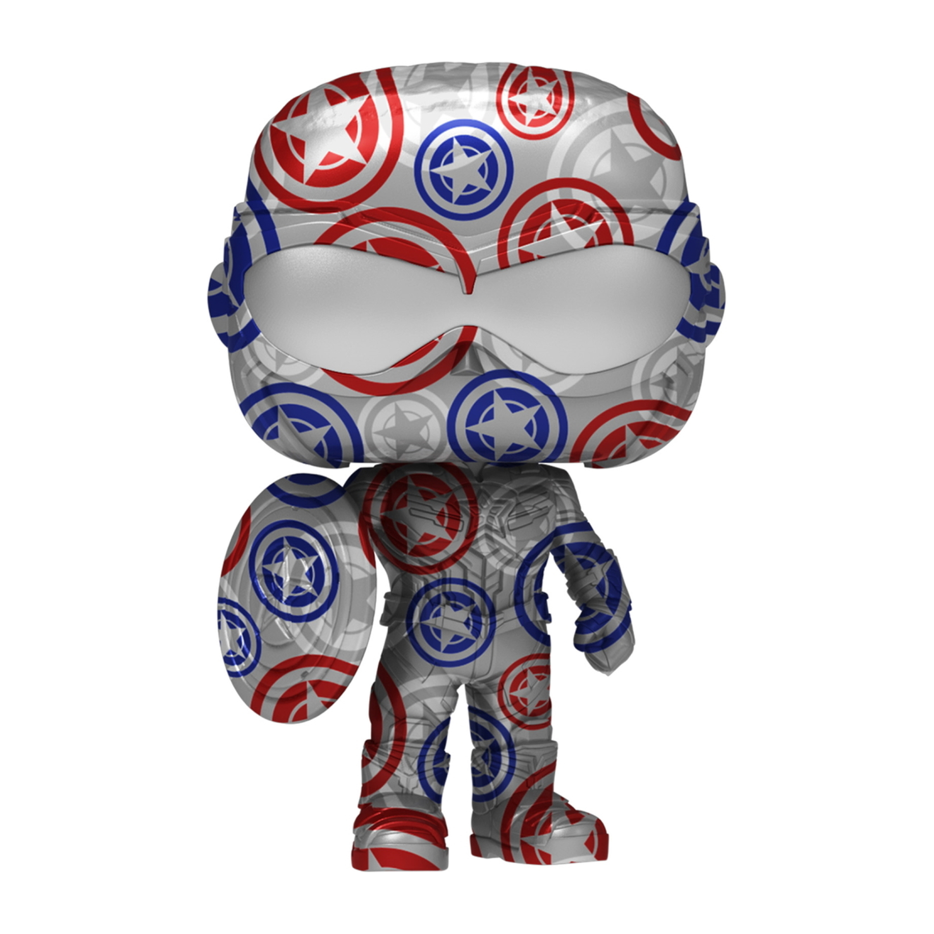 Figura del Capitán América, cubierta con un patrón de estrellas y rayas rojas, blancas y azules.