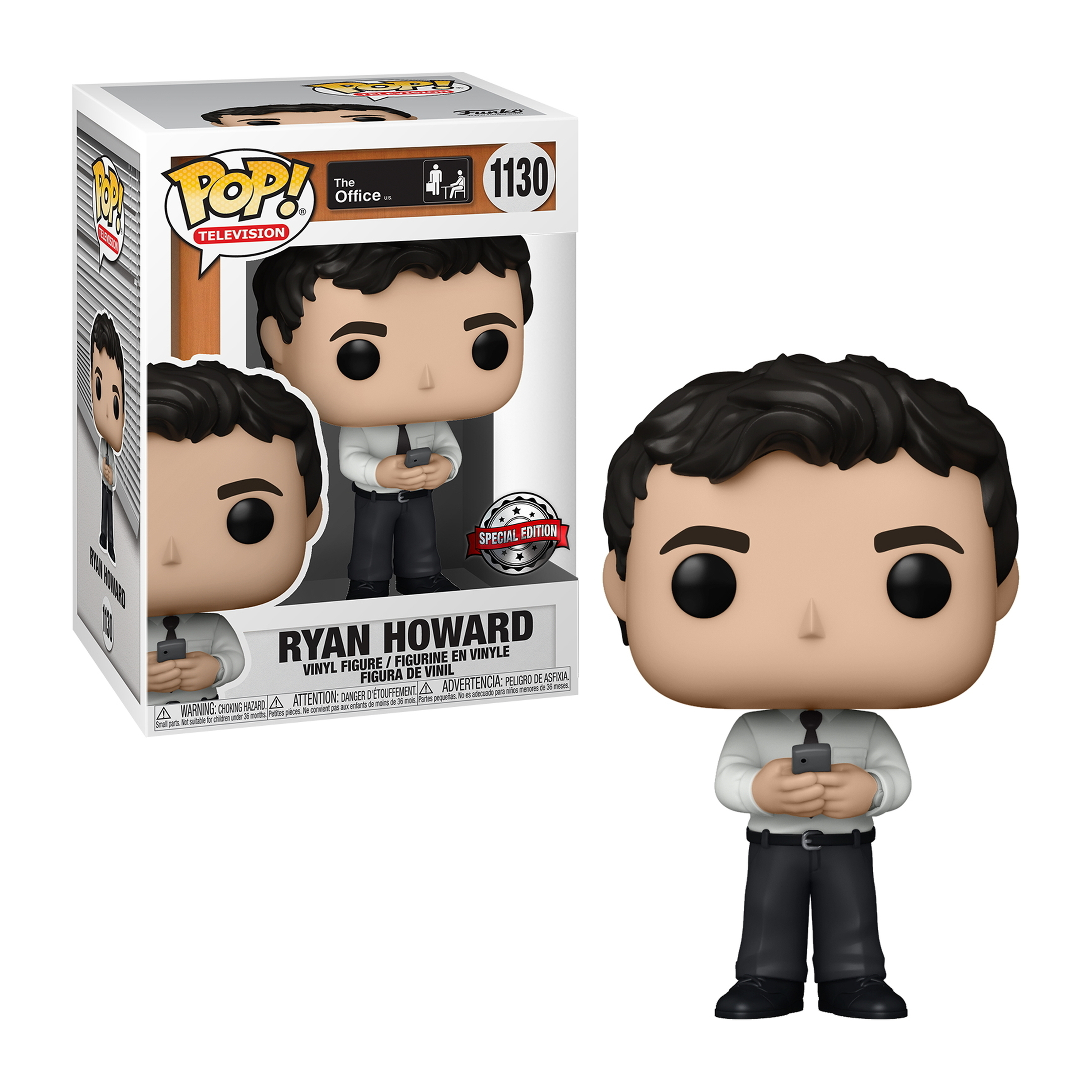 Eine Ryan Howard Funko Pop-Figur aus The Office, die ein Telefon hält. Er trägt ein weißes Hemd und eine Krawatte.