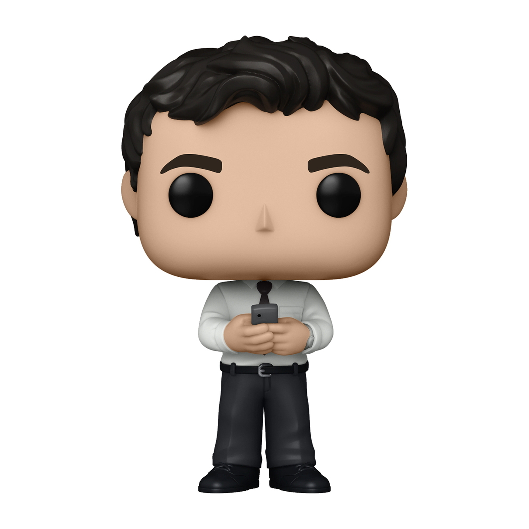 Funko Pop Figur eines Mannes, der ein Telefon hält. Schwarze Haare, weißes Hemd, schwarze Hose. Schwarze Krawatte.