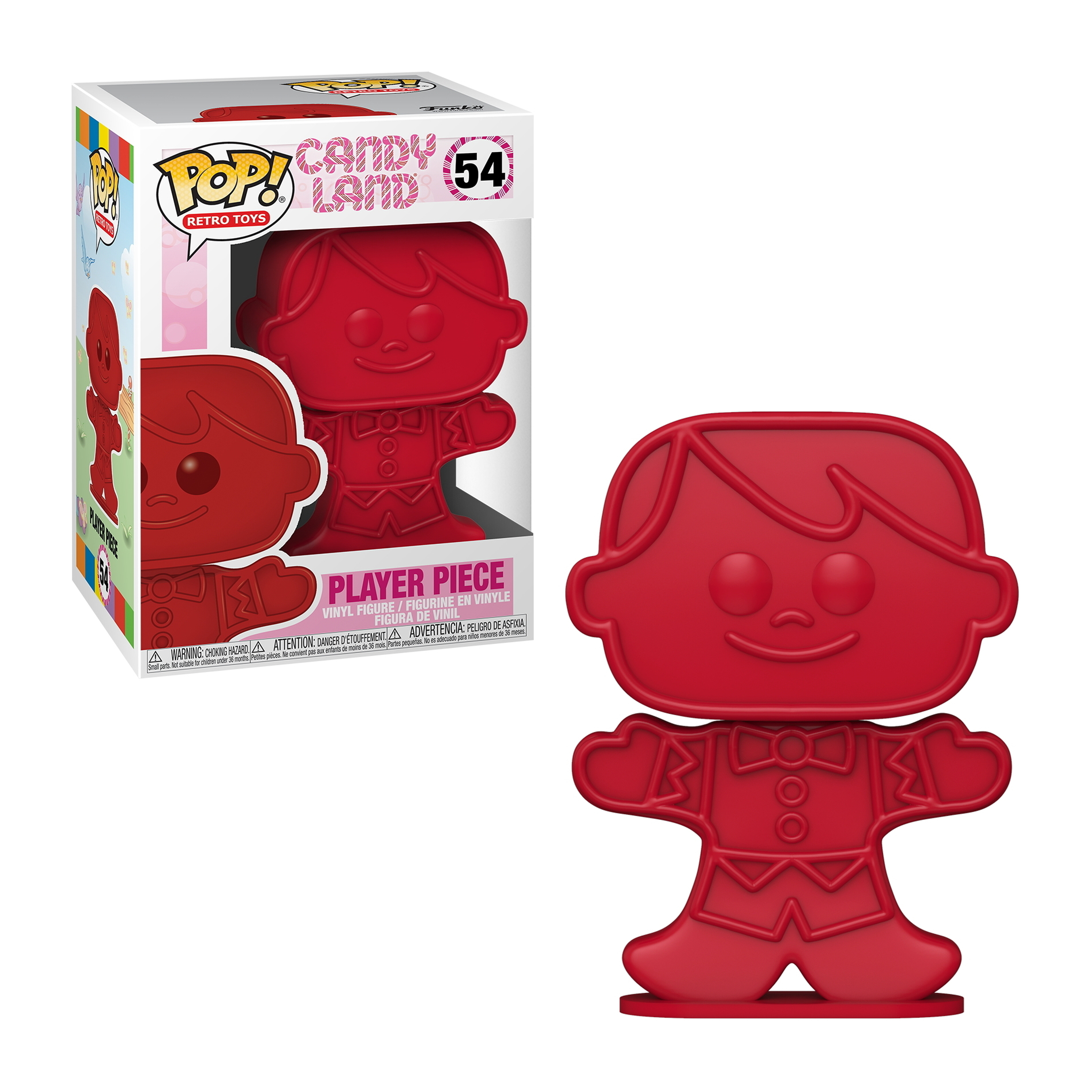 Una figura rossa Player Piece Candy Land Funko Pop. La figura è un uomo di pan di zenzero con un papillon.