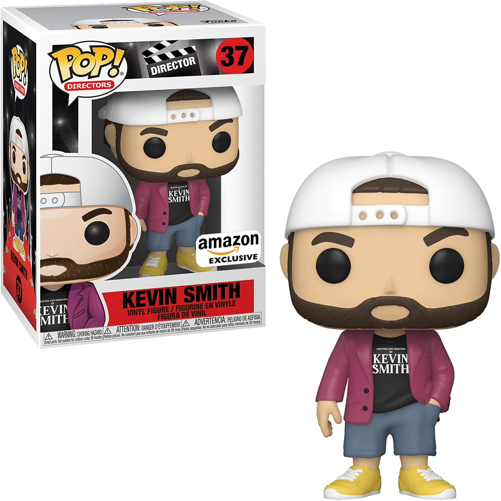 Kevin Smith Figur, trägt eine weiße Kappe, Bart und rosa Jacke. Die Box zeigt die Figur und Text.