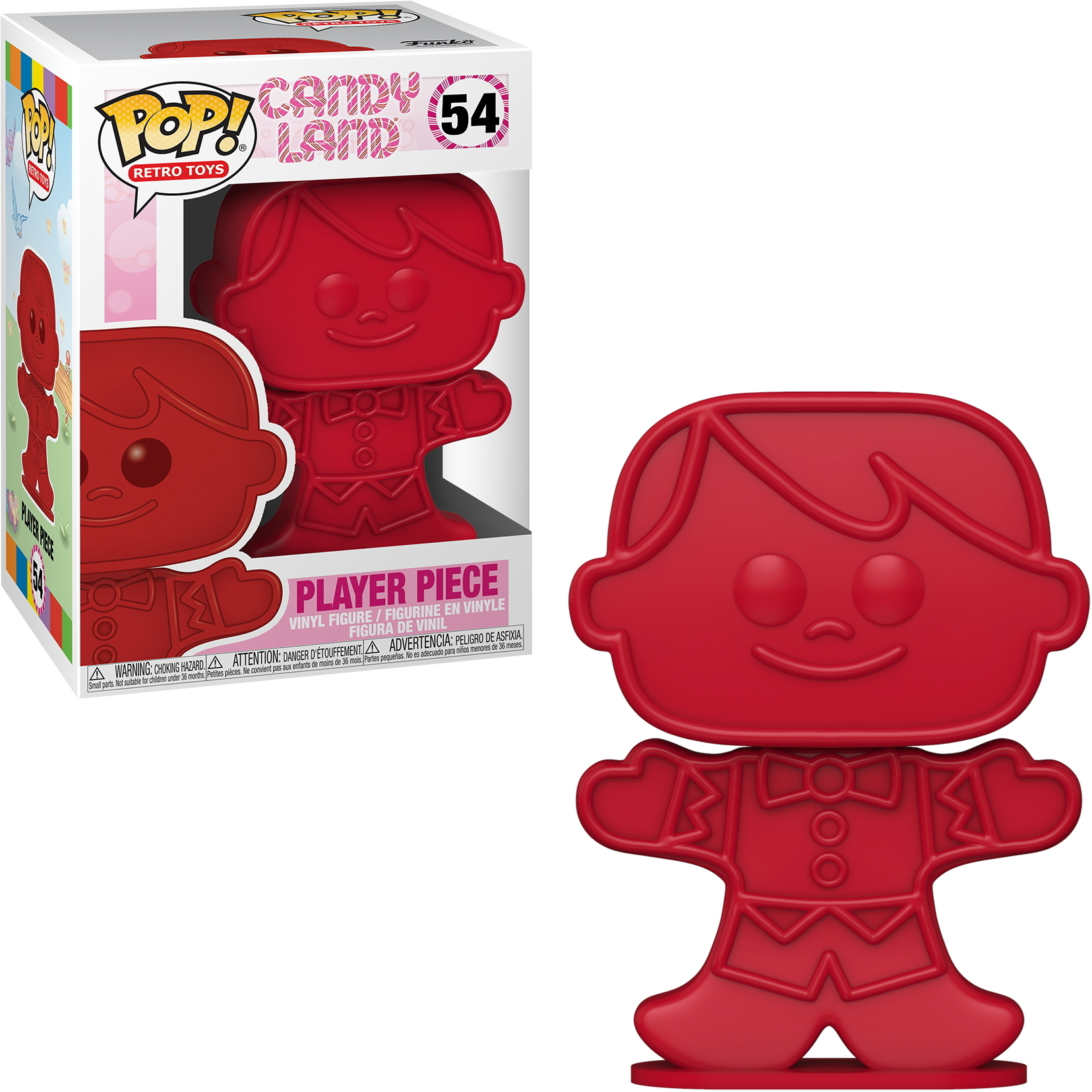 Una statuetta rossa a forma di omino di pan di zenzero in una scatola. È una statuetta Pop! Retro Toys, a tema Candy Land.