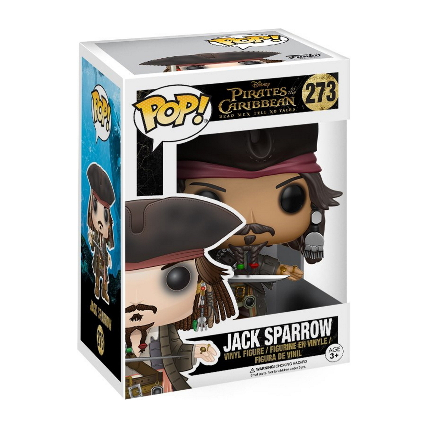Funko Pop-Box von Jack Sparrow. Die Figur hat einen schwarzen Hut, Bart und Accessoires. Die Box hat das Fluch der Karibik-Logo.