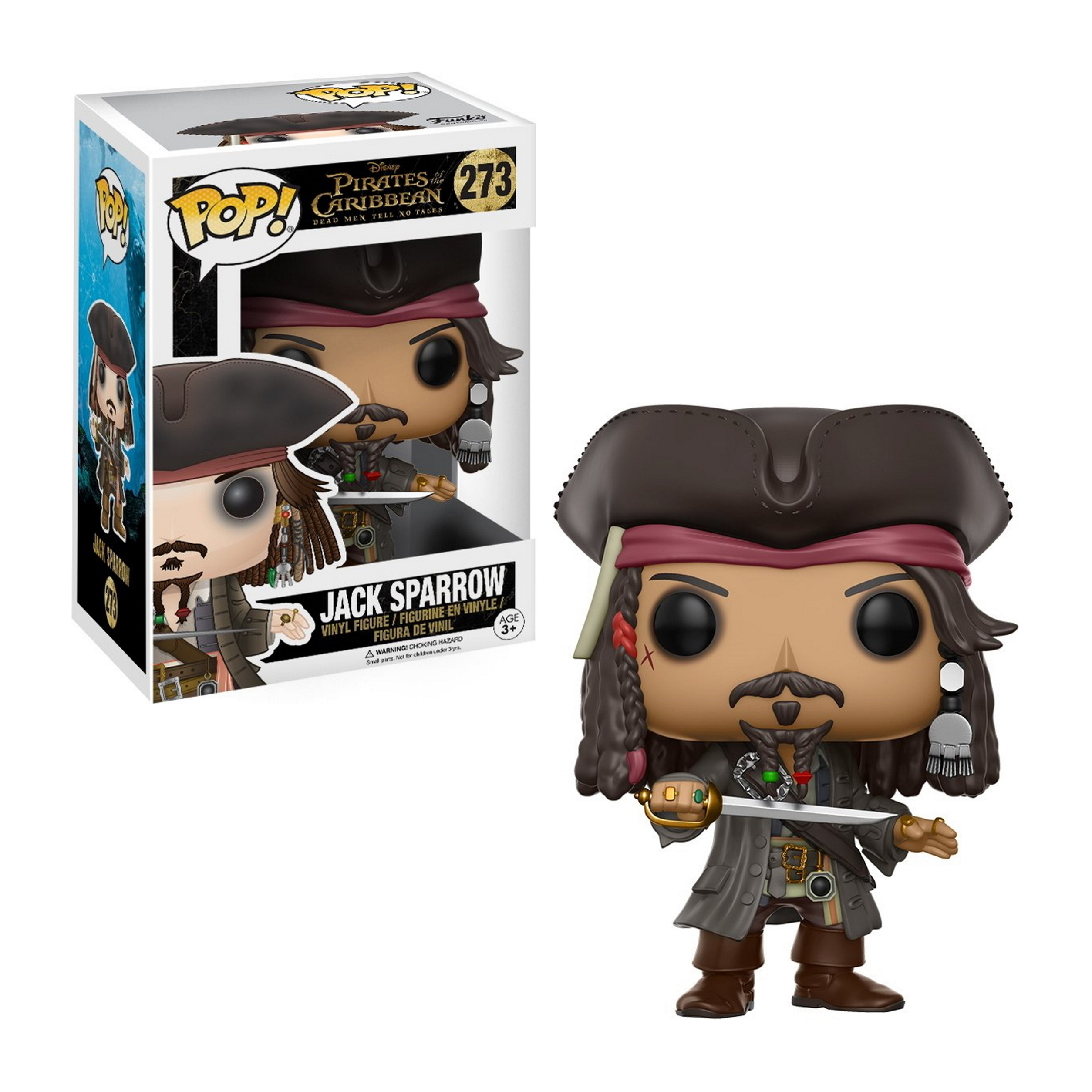 Jack Sparrow Funko Pop-Figur, trägt einen Hut und hält ein Schwert, mit einer Box im Hintergrund.