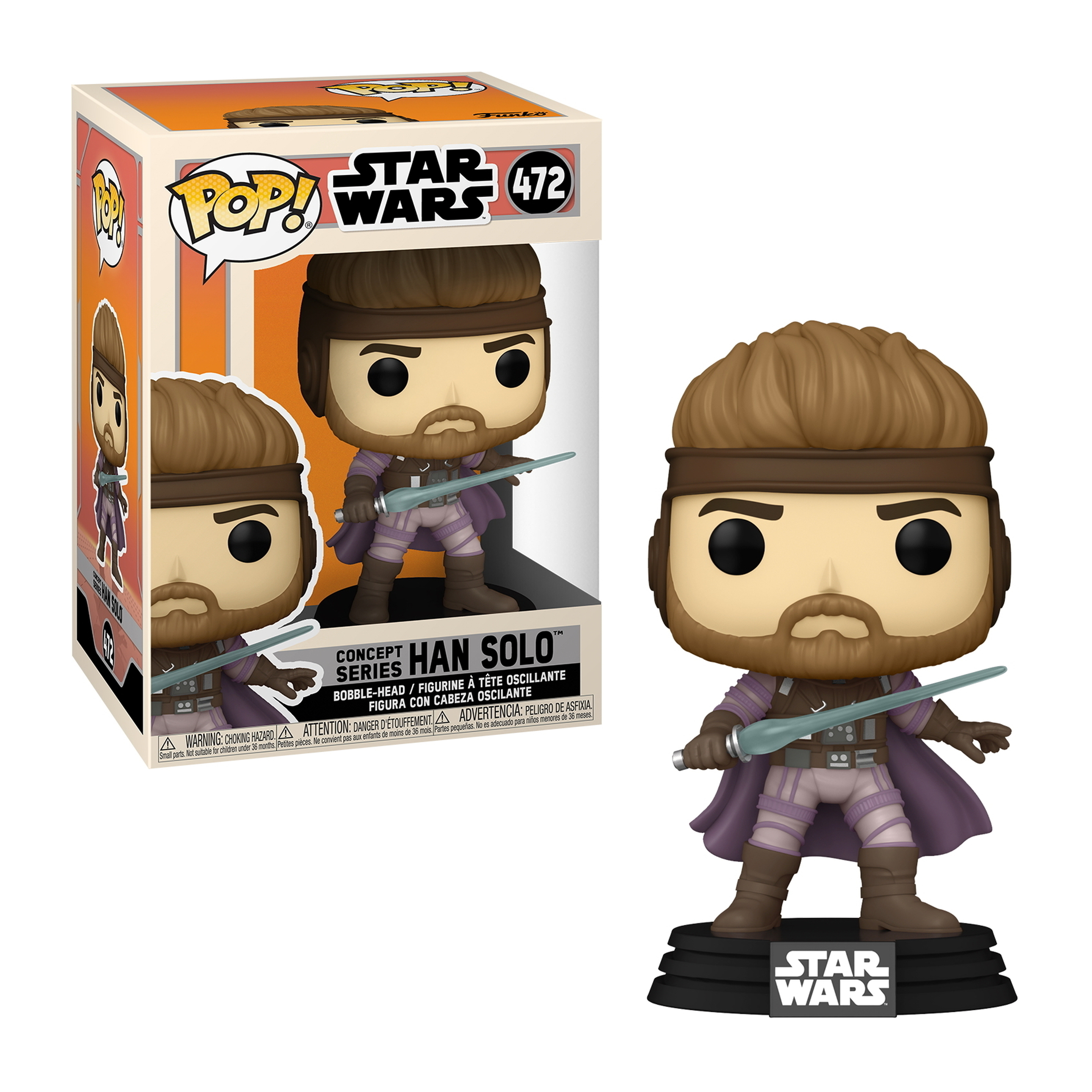 Funko Pop di Han Solo da Star Wars, con un cappotto viola e una spada laser.