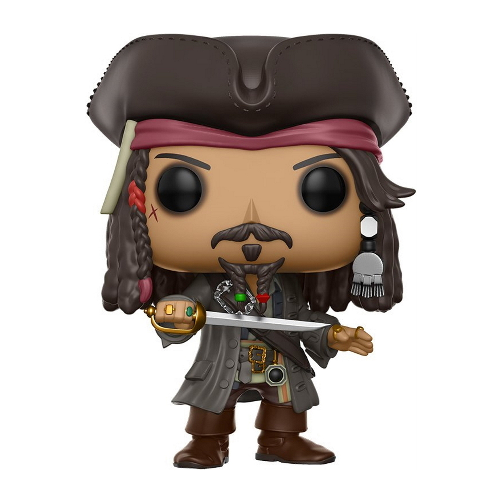 Jack Sparrow Funko Pop-Figur, in Piratenkleidung, mit Schwert, Ohrringen und Hut.
