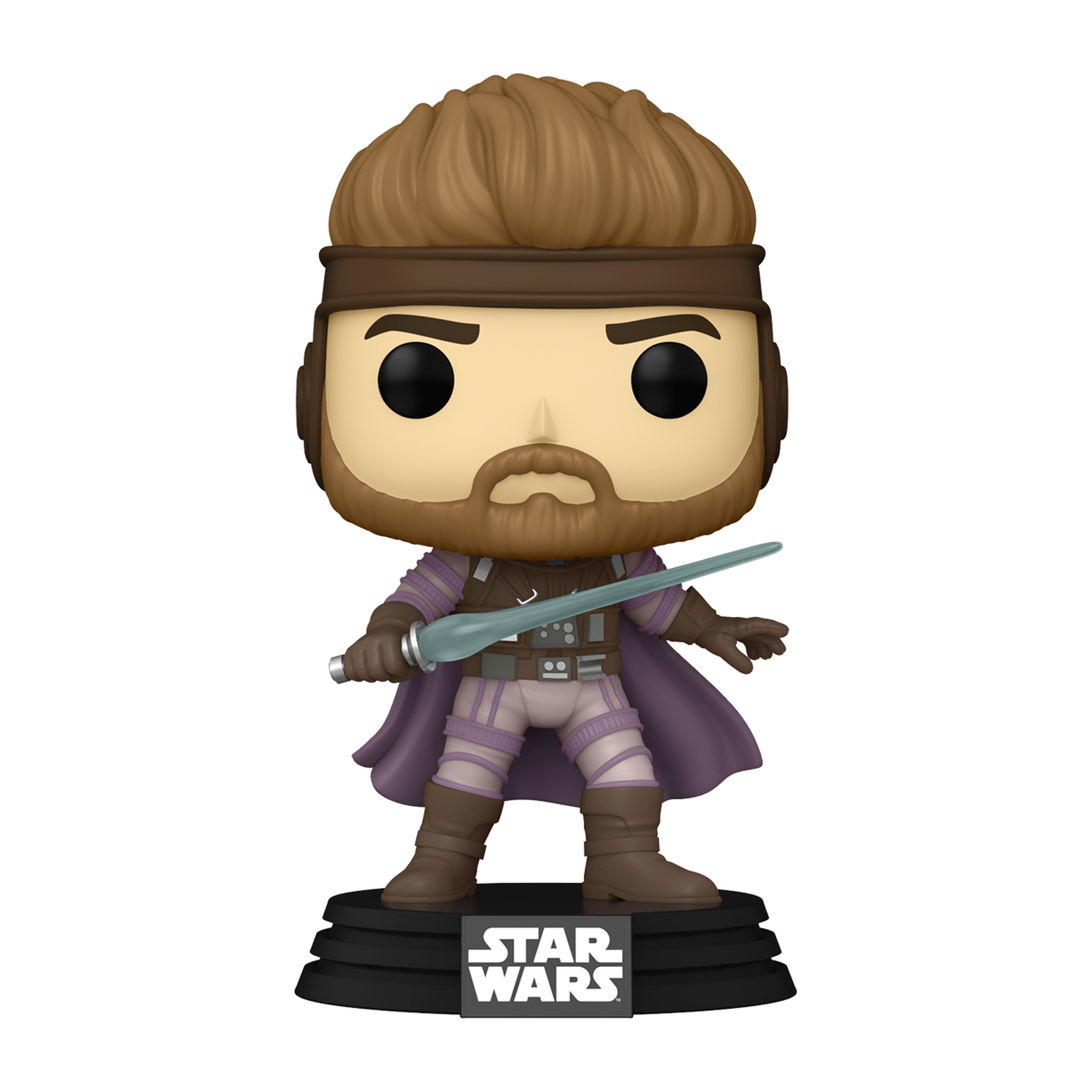 Una figura Funko Pop di un personaggio di Star Wars con una spada laser e abiti viola e marroni.
