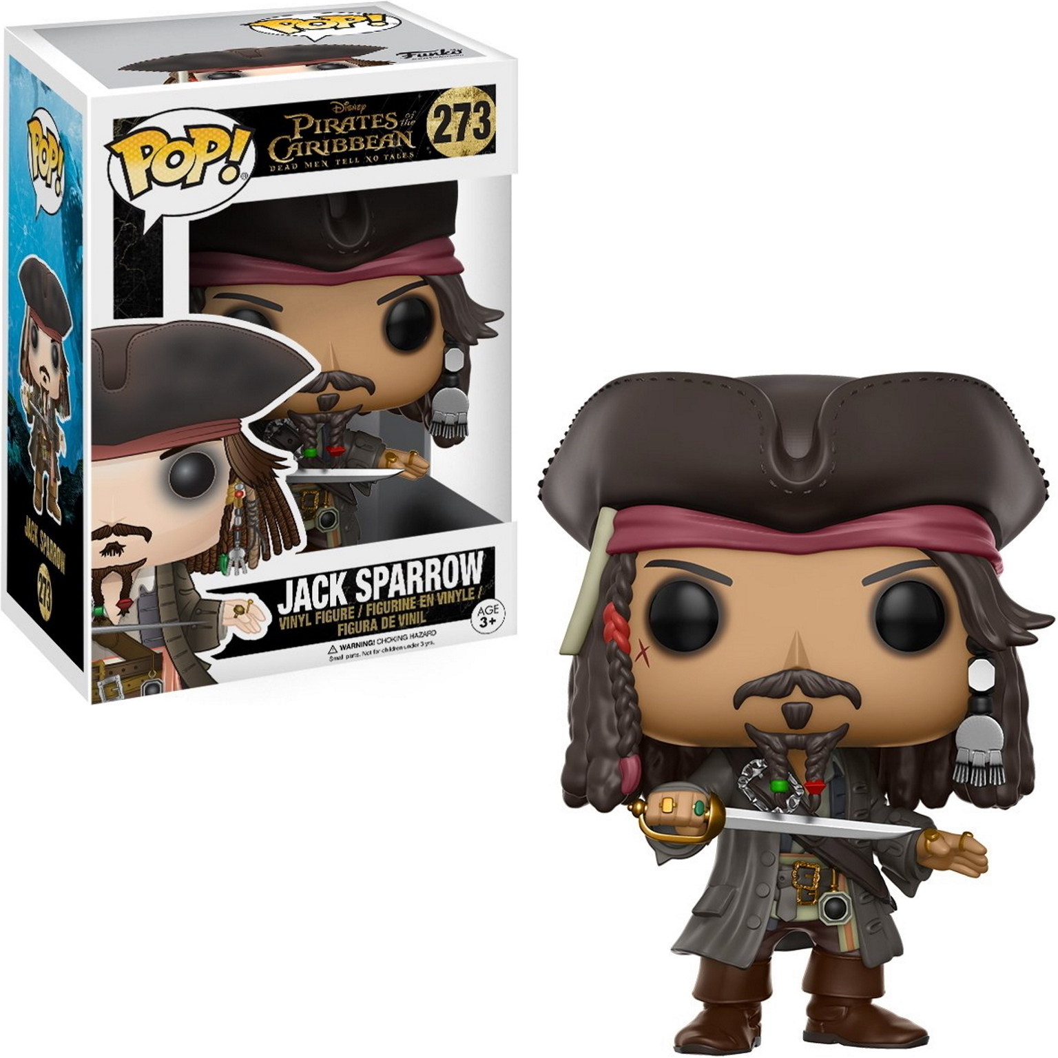 Jack Sparrow Figur mit Schwert, in Piratenoutfit, mit Box im Hintergrund.