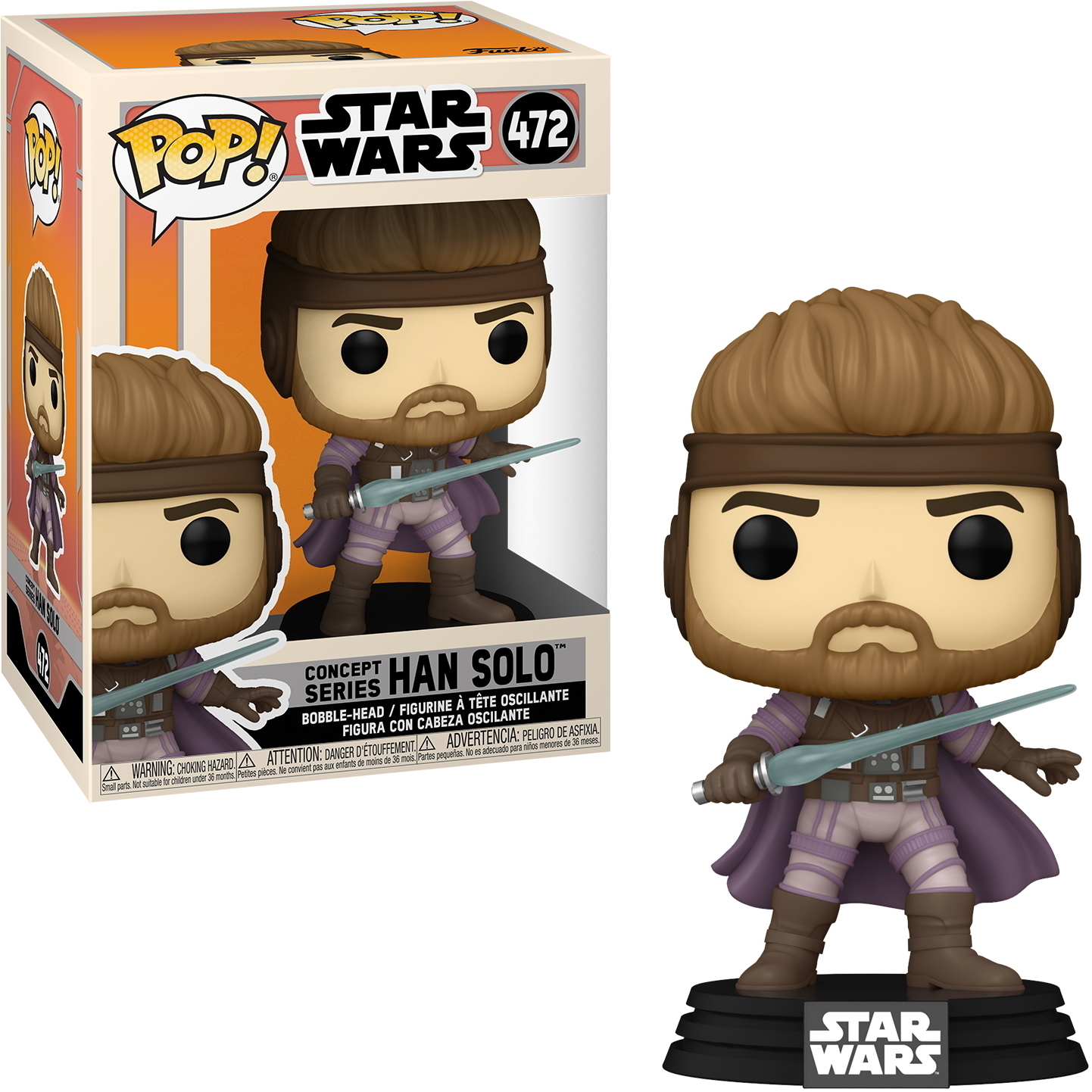 Figura Funko Pop di Han Solo con blaster. Indossa una giacca marrone, un gilet viola e si trova su una base nera.