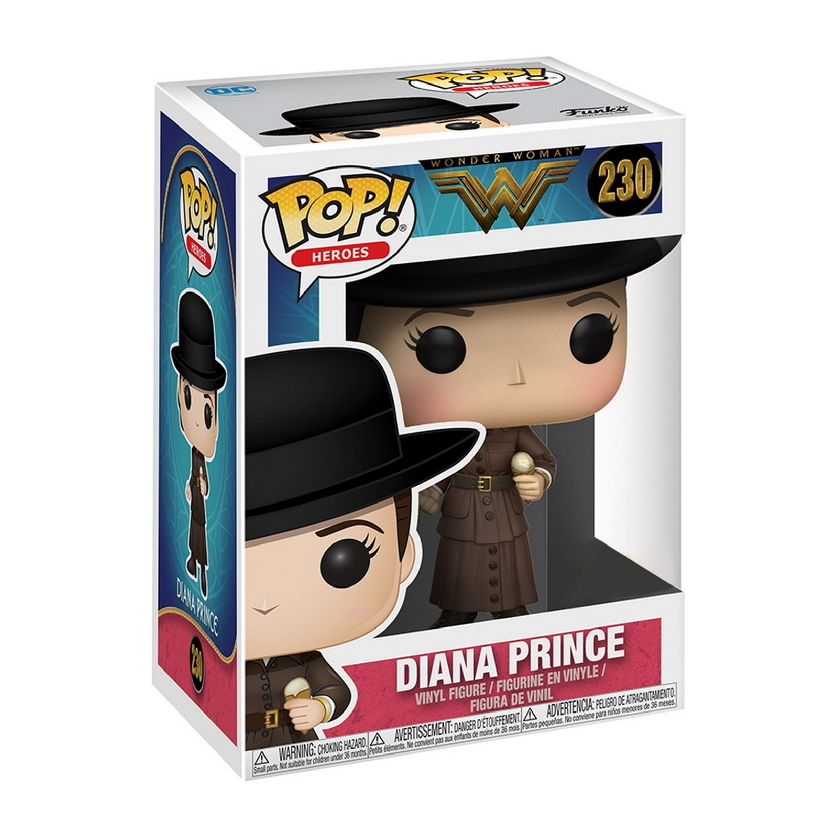 Wonder Woman Diana Prince Funko Pop-Figur in der Box. Die Figur trägt ein braunes Outfit und einen schwarzen Hut.