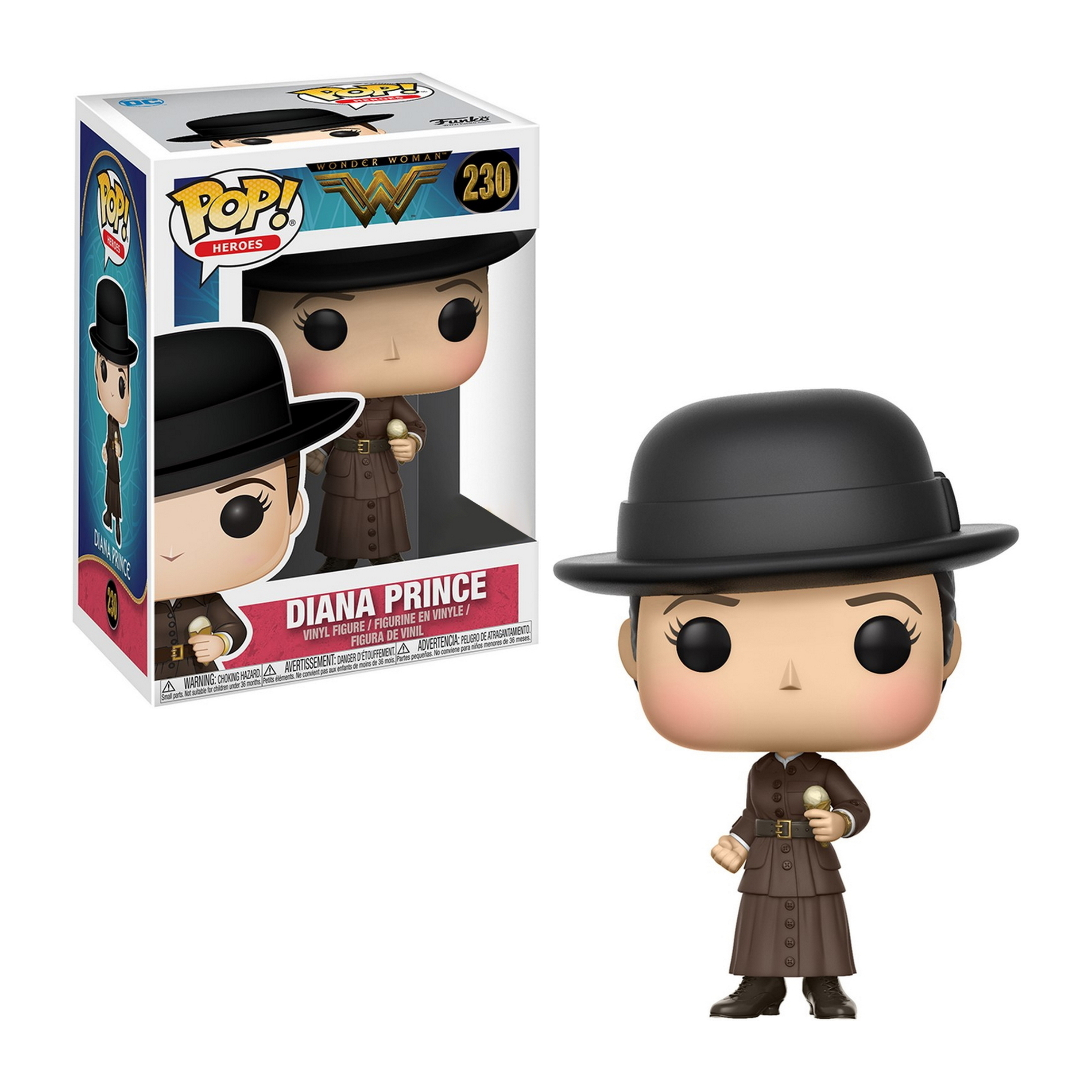 Diana Prince Figur. Brauner Mantel, Hut, hält einen Ball. Box zeigt Diana Prince.