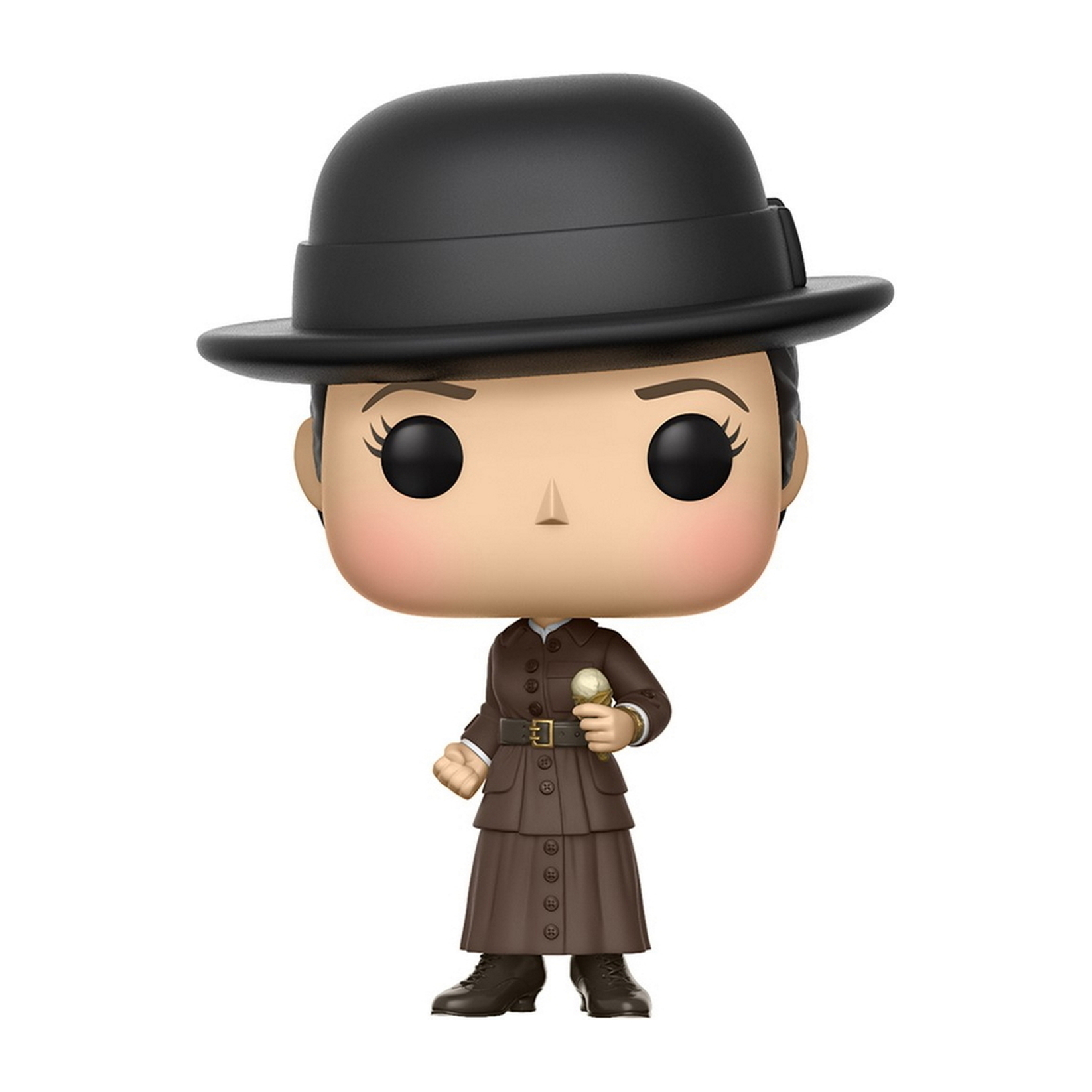 Mary Poppins Figur mit schwarzem Hut, braunem Mantel und hält einen Löffel.