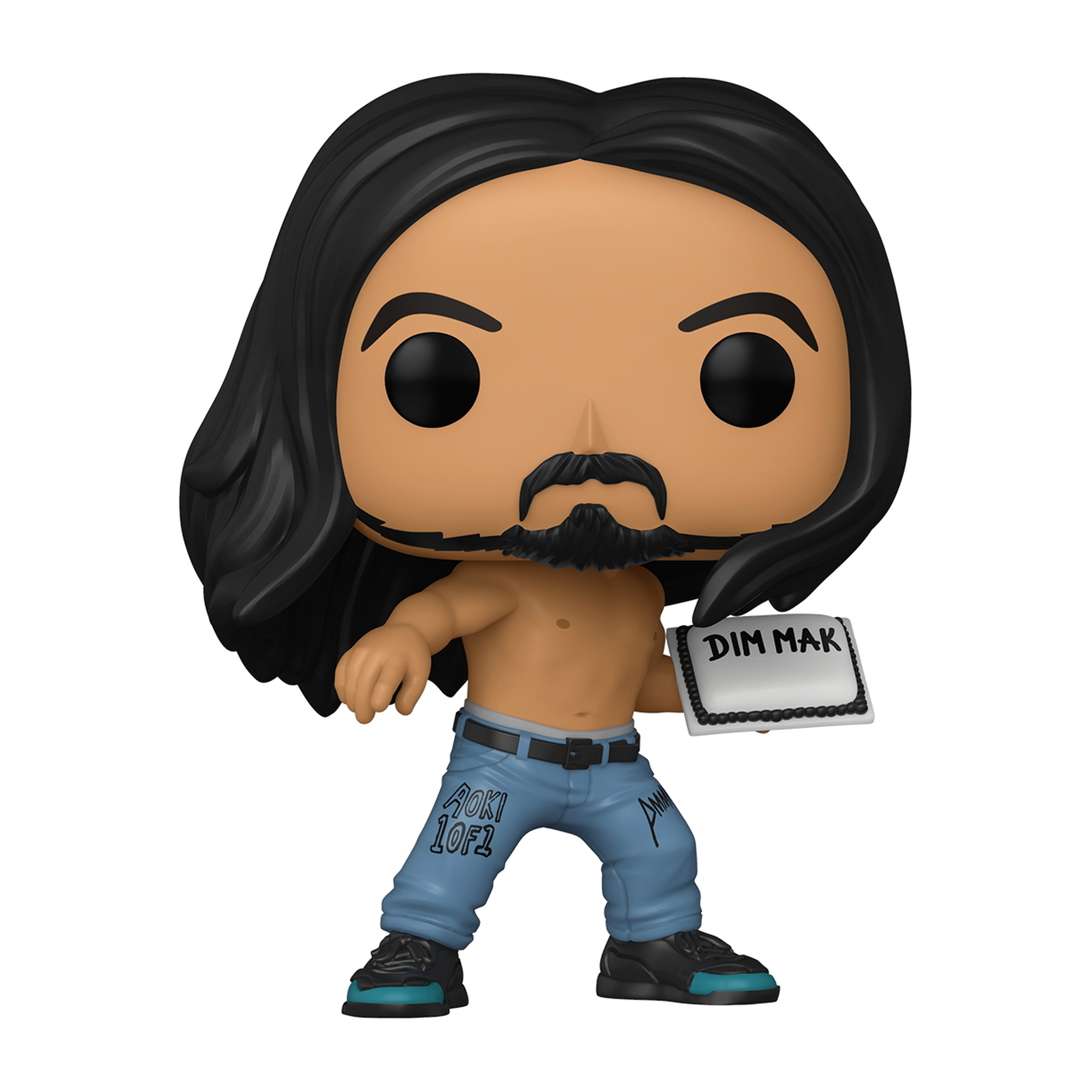 Funko Pop Figur eines Mannes mit langen schwarzen Haaren, Schnurrbart, der einen Kuchen hält. Er trägt Jeans und kein Hemd.