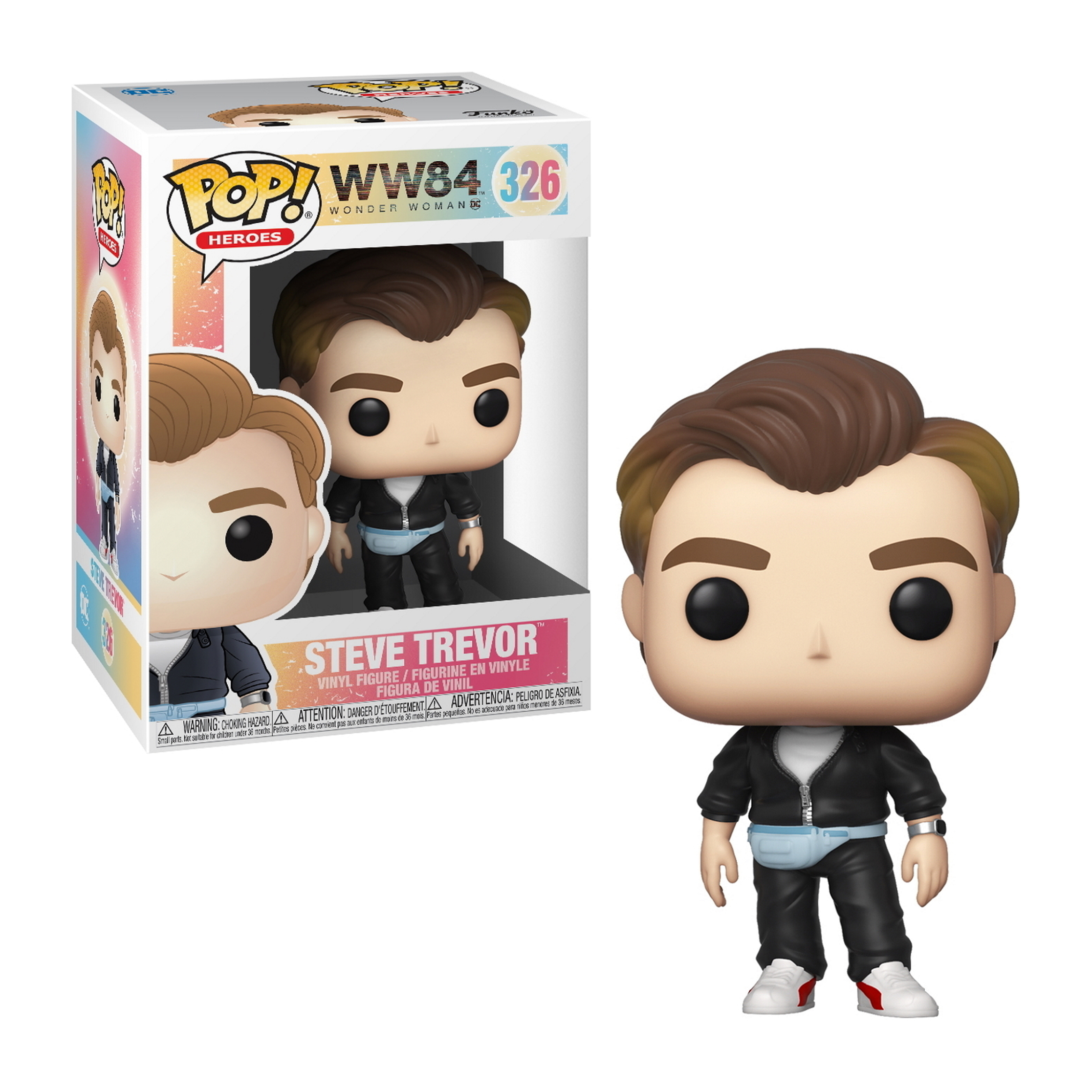 Steve Trevor Figur in einer Box. Er hat braune Haare, eine schwarze Jacke und eine blaue Bauchtasche.