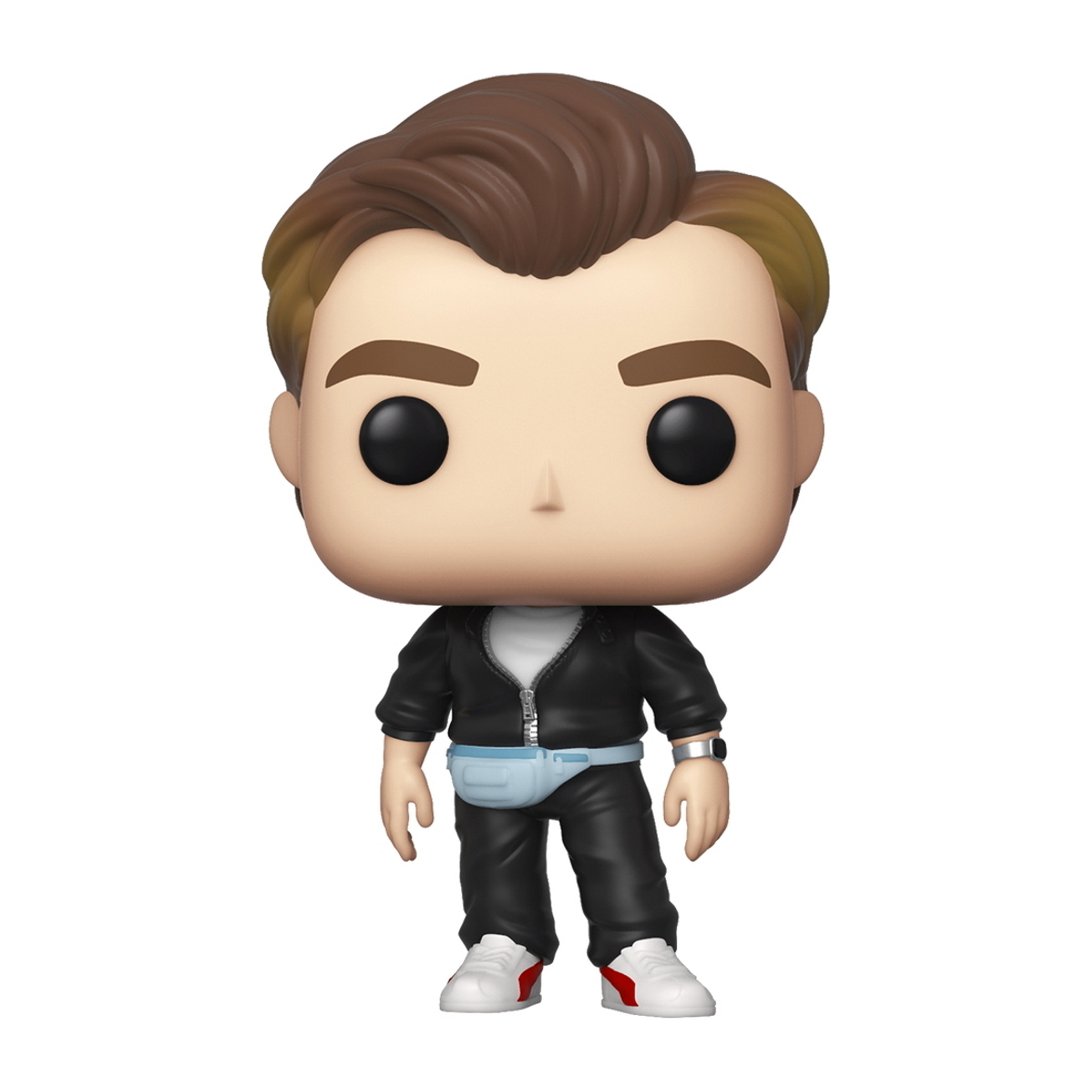 Ein Mann in einer Lederjacke, schwarzer Hose und Bauchtasche Funko Pop Figur, mit schwarzen Haaren, mit Box.