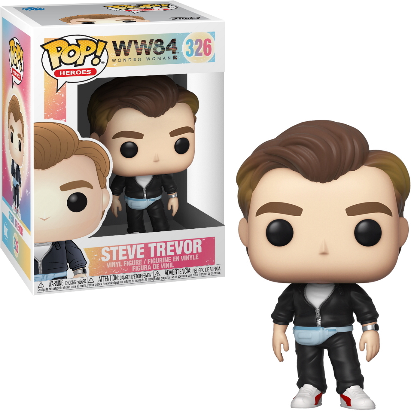 Steve Trevor Funko Pop. Schwarze Jacke, blaue Bauchtasche. Weißer Hintergrund.