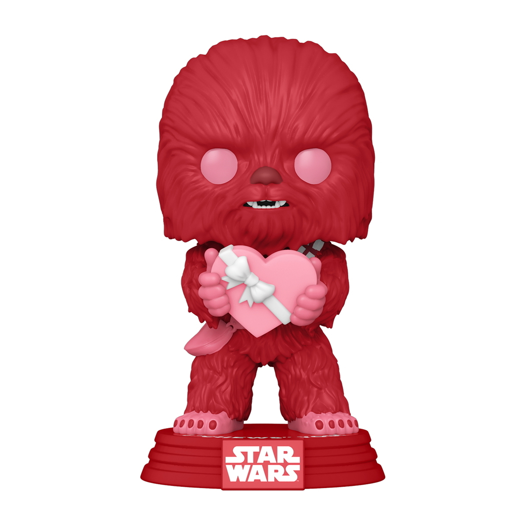 Rote Chewbacca Funko Pop Figur. Hält eine rosa herzförmige Schachtel mit weißem Band.