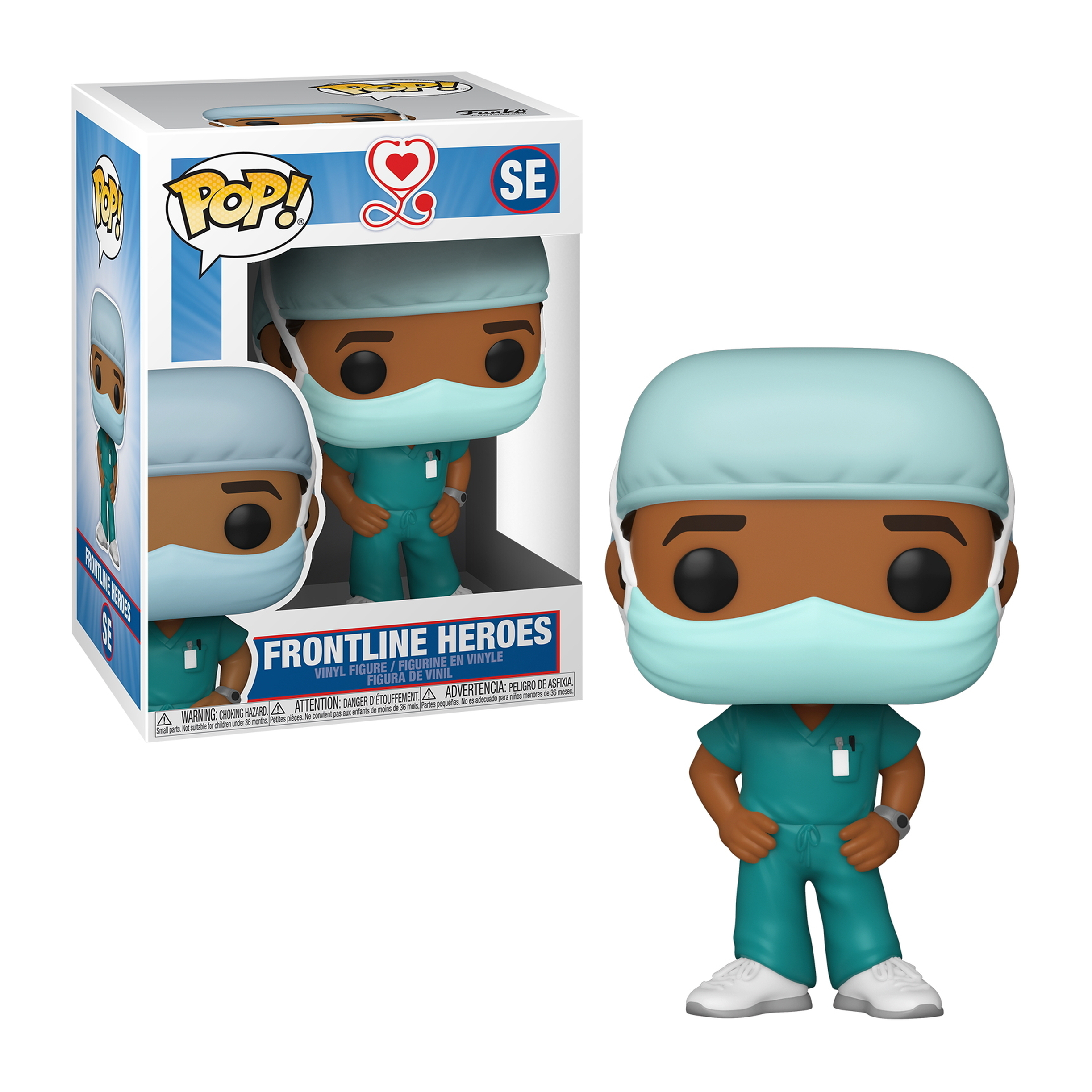 Eine Funko Pop-Figur eines Gesundheitsmitarbeiters in OP-Kleidung und einer Maske aus der 'Frontline Heroes'-Serie.