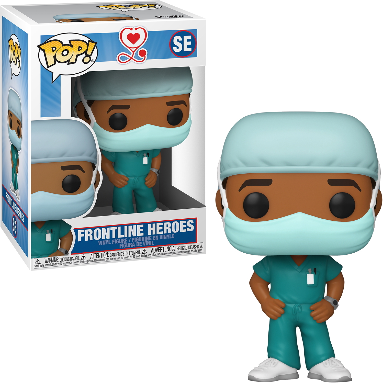 Frontline Heroes Funko Pop Figur. Es ist ein Arzt mit OP-Maske und OP-Kleidung, in einer Box.