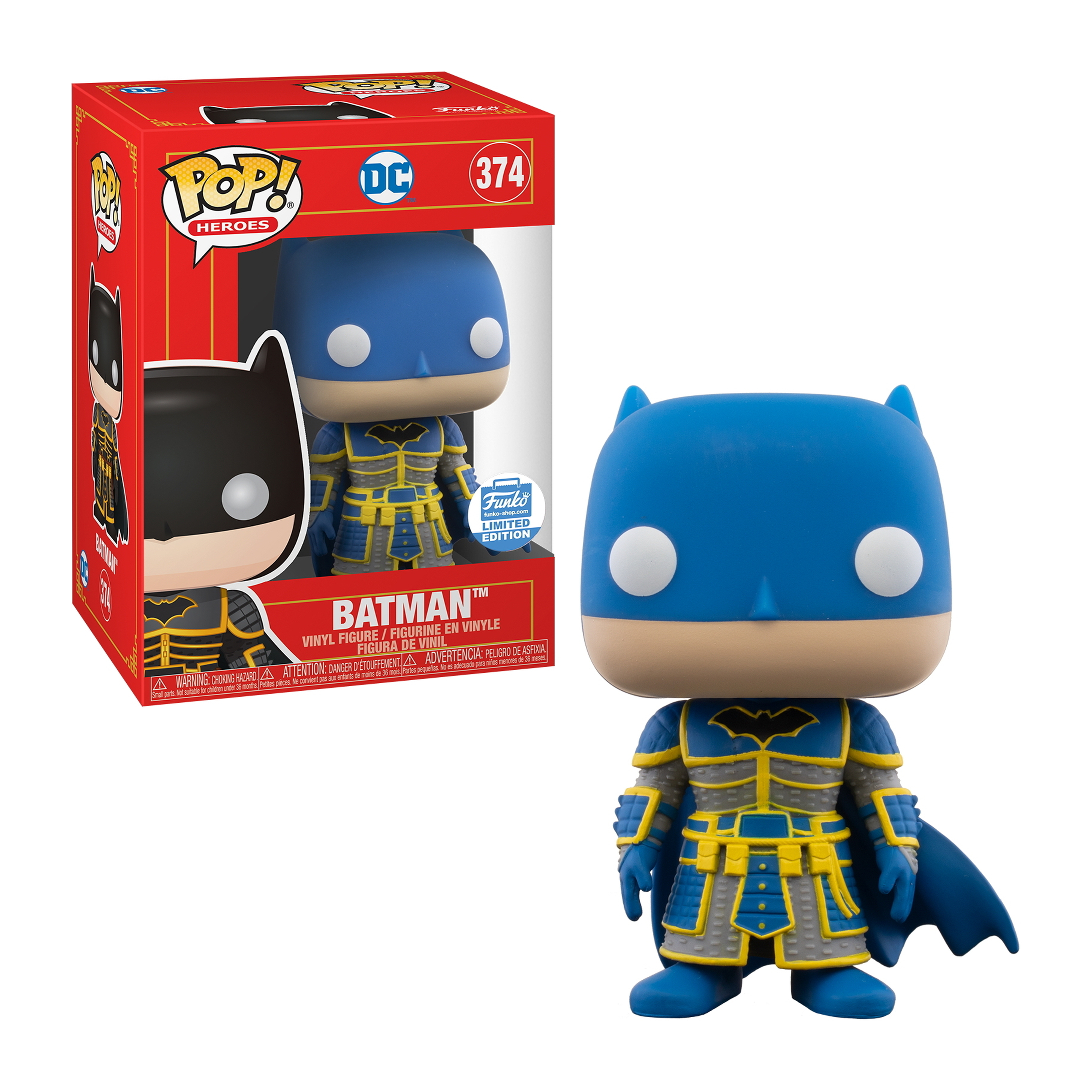 Batman Funko Pop!-Figur in blau-goldener Rüstung, mit Umhang und Maske.