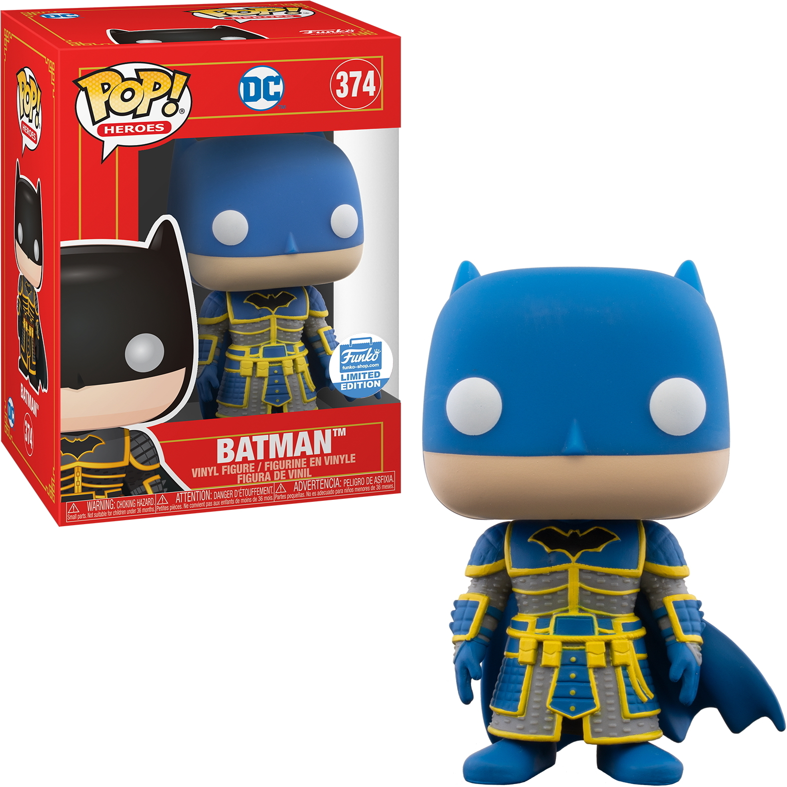 Eine Batman Funko Pop!-Figur in einem blau-gelben Anzug, mit einer Schachtel. Die Figur steht.
