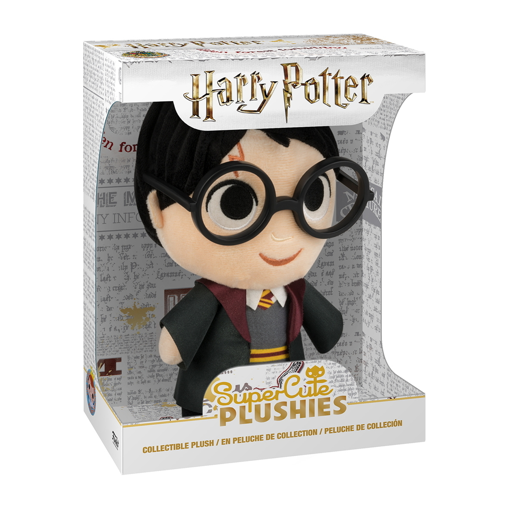 Harry Potter Plüschtier in der Box. Plüschtier hat Brille, Narbe und Gryffindor-Schal. Die Box hat Harry Potter und SuperCute Logos.