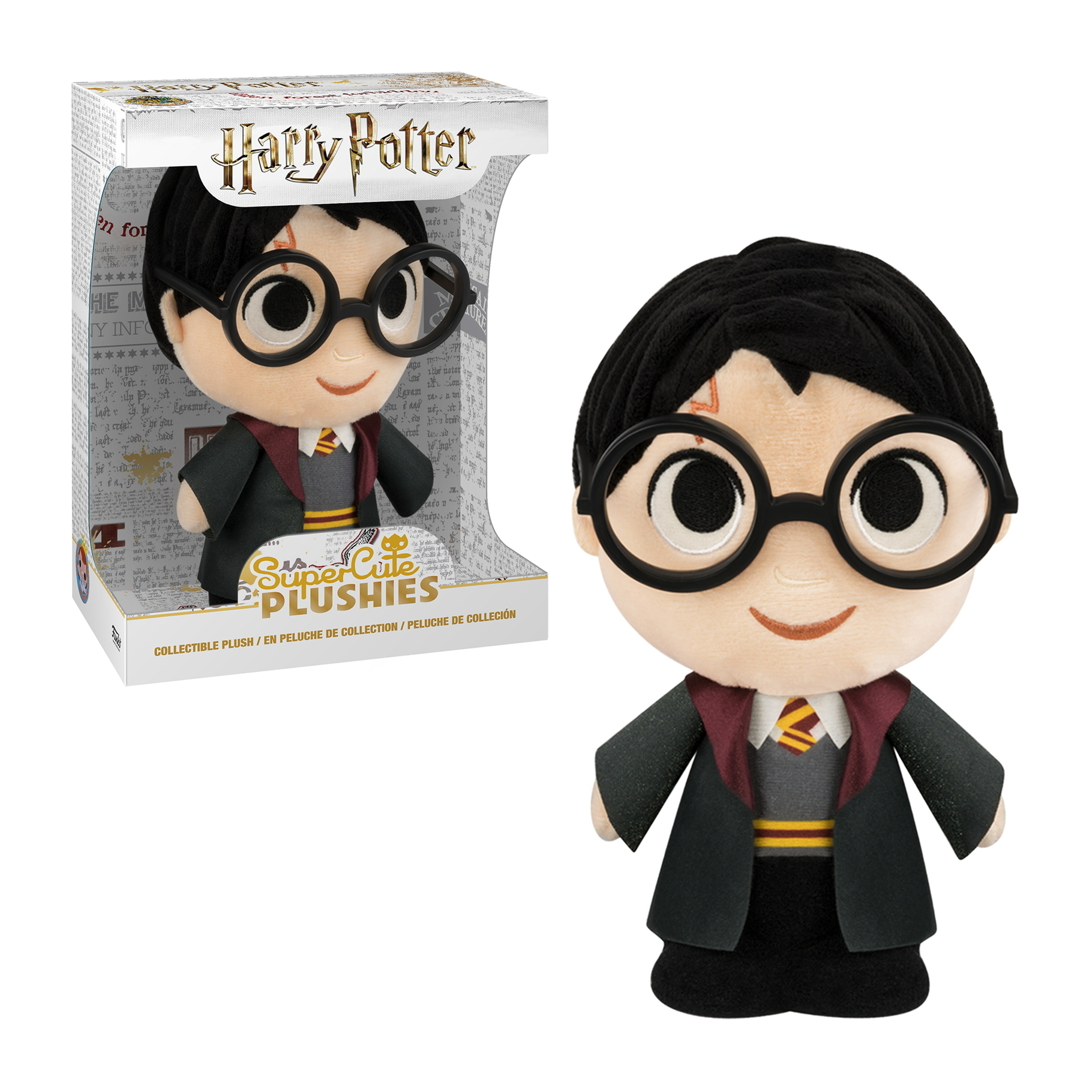 Harry Potter Plüschtier, verpackt und frei. Er hat eine Brille, eine Narbe und einen schwarzen Umhang.