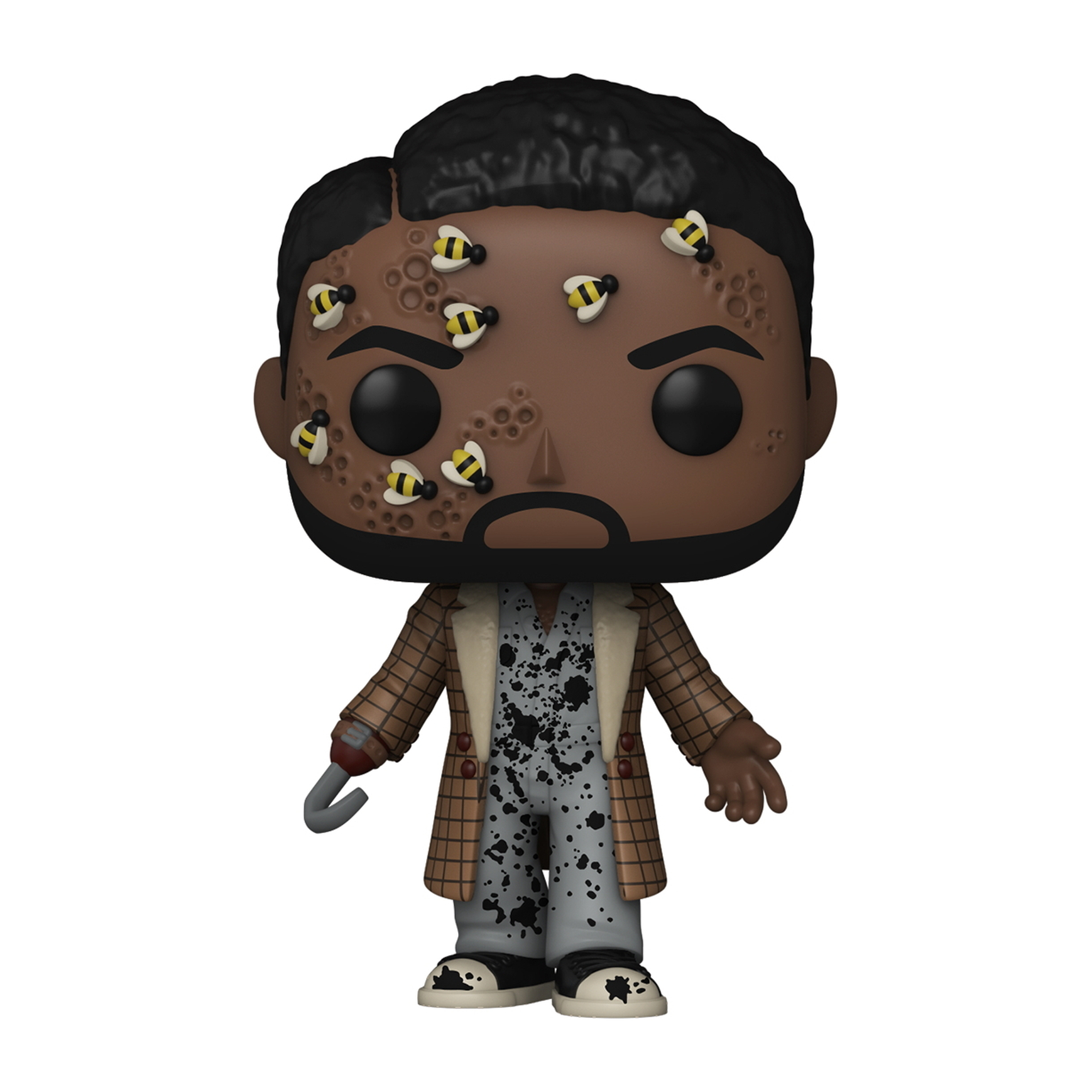Figur eines schwarzen Mannes mit Bienen im Gesicht, Funko Pop Stil.