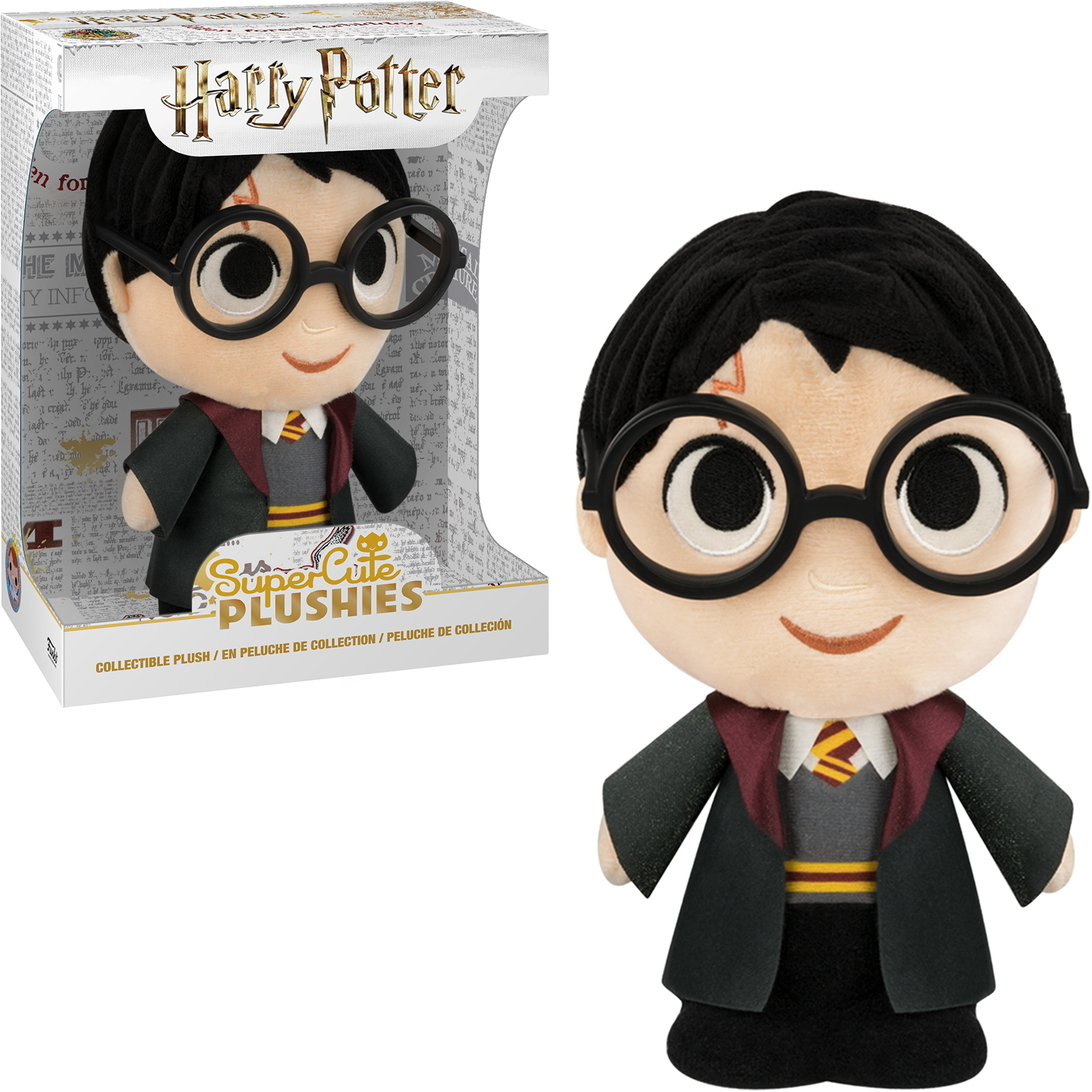 Harry Potter Plüschpuppe in einer Box. Die Puppe hat Brille, Schal und Blitznarbe.