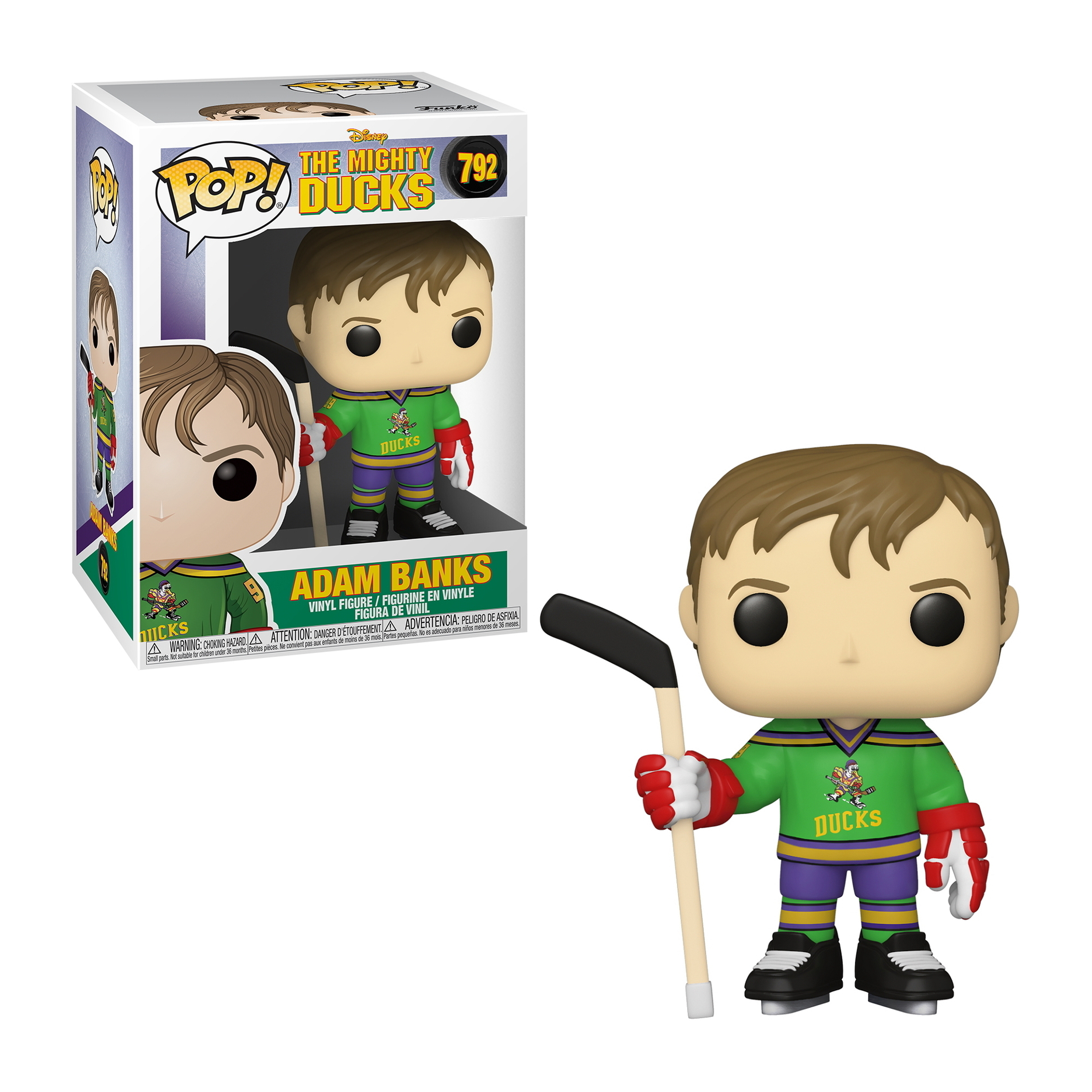 Adam Banks Figur mit Hockeyschläger, trägt ein grünes und lila Mighty Ducks Trikot. In Box.