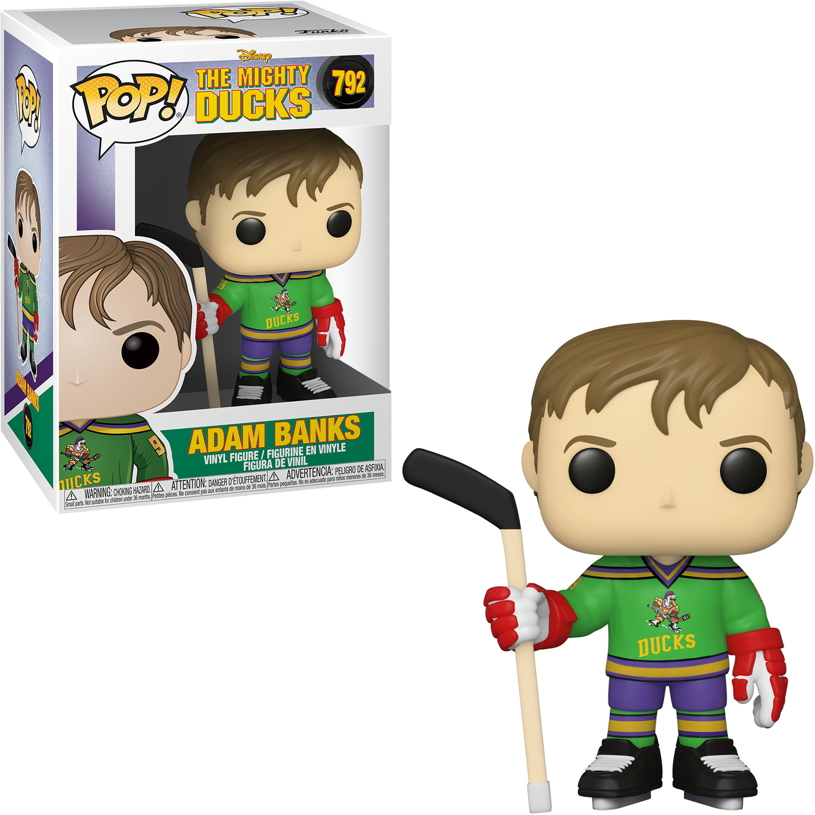 Adam Banks Funko Pop Figur mit Mighty Ducks Hockey Trikot, hält Schläger.