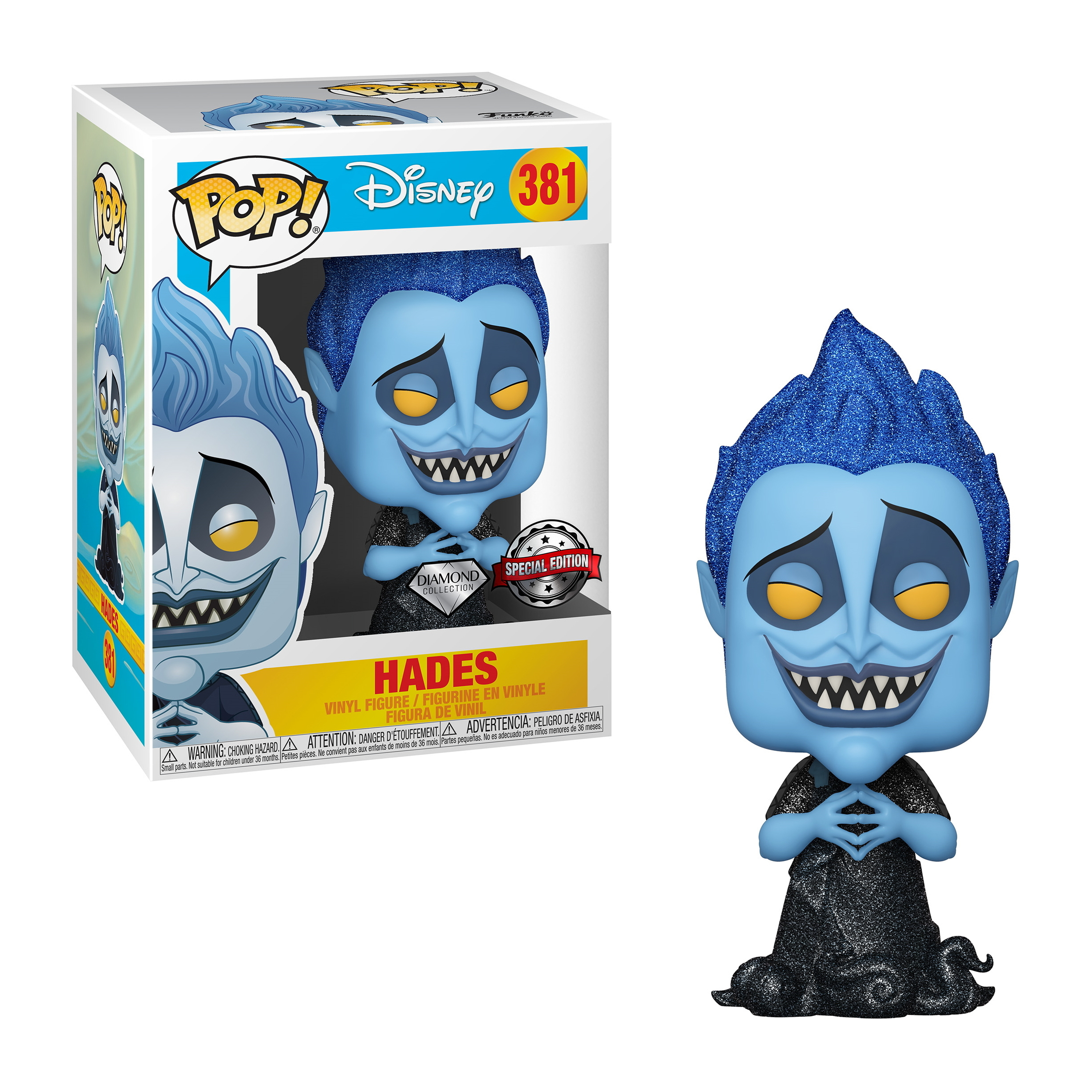 Hades Figur mit blauer Haut, schwarzen Haaren und einem schwarzen Outfit. Verpackt mit Diamond-Sonderausgabe-Logo.