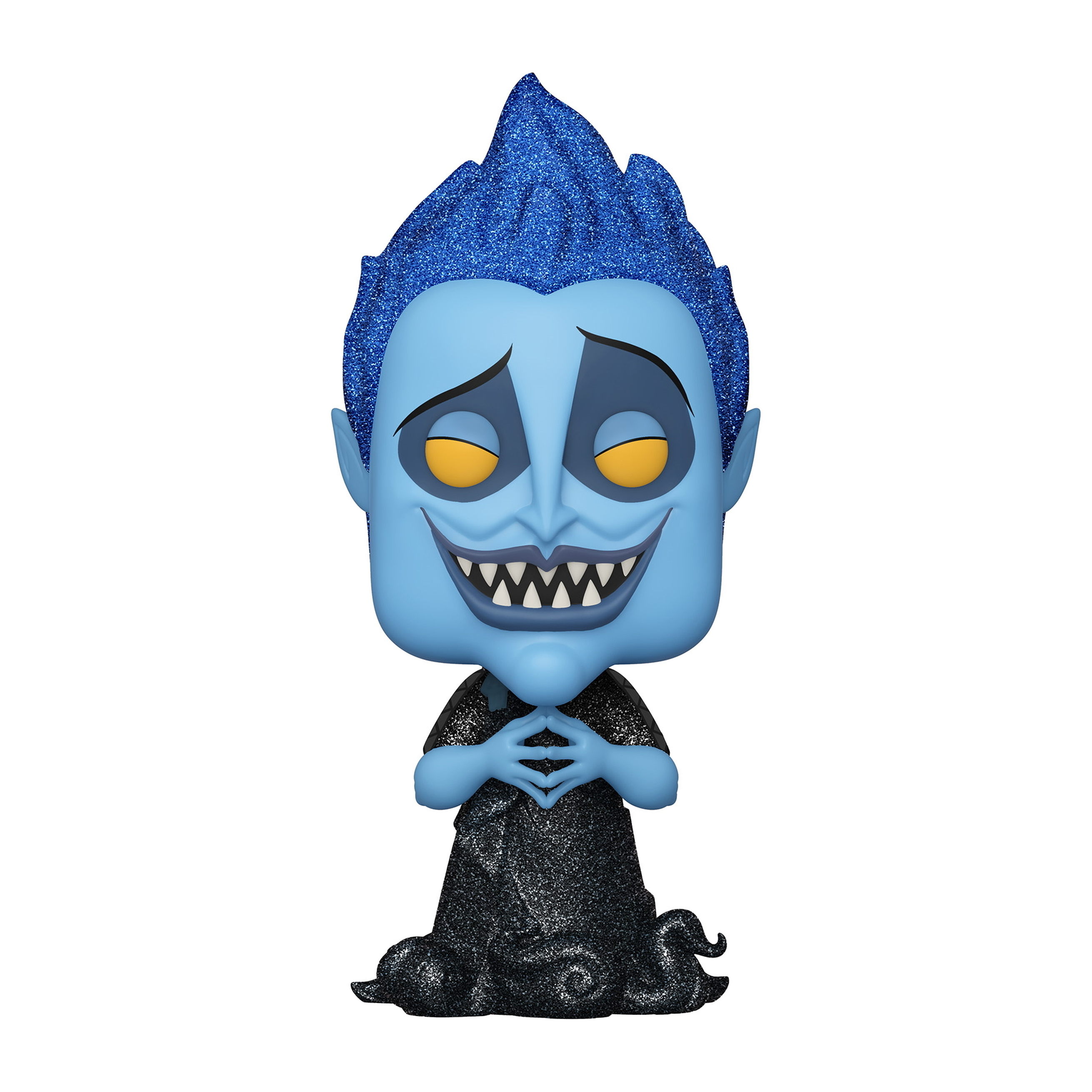 Hades Funko Pop Figur, im schwarzen Gewand, blaue Haut und stacheliges blaues Haar, mit einem finsteren Lächeln.