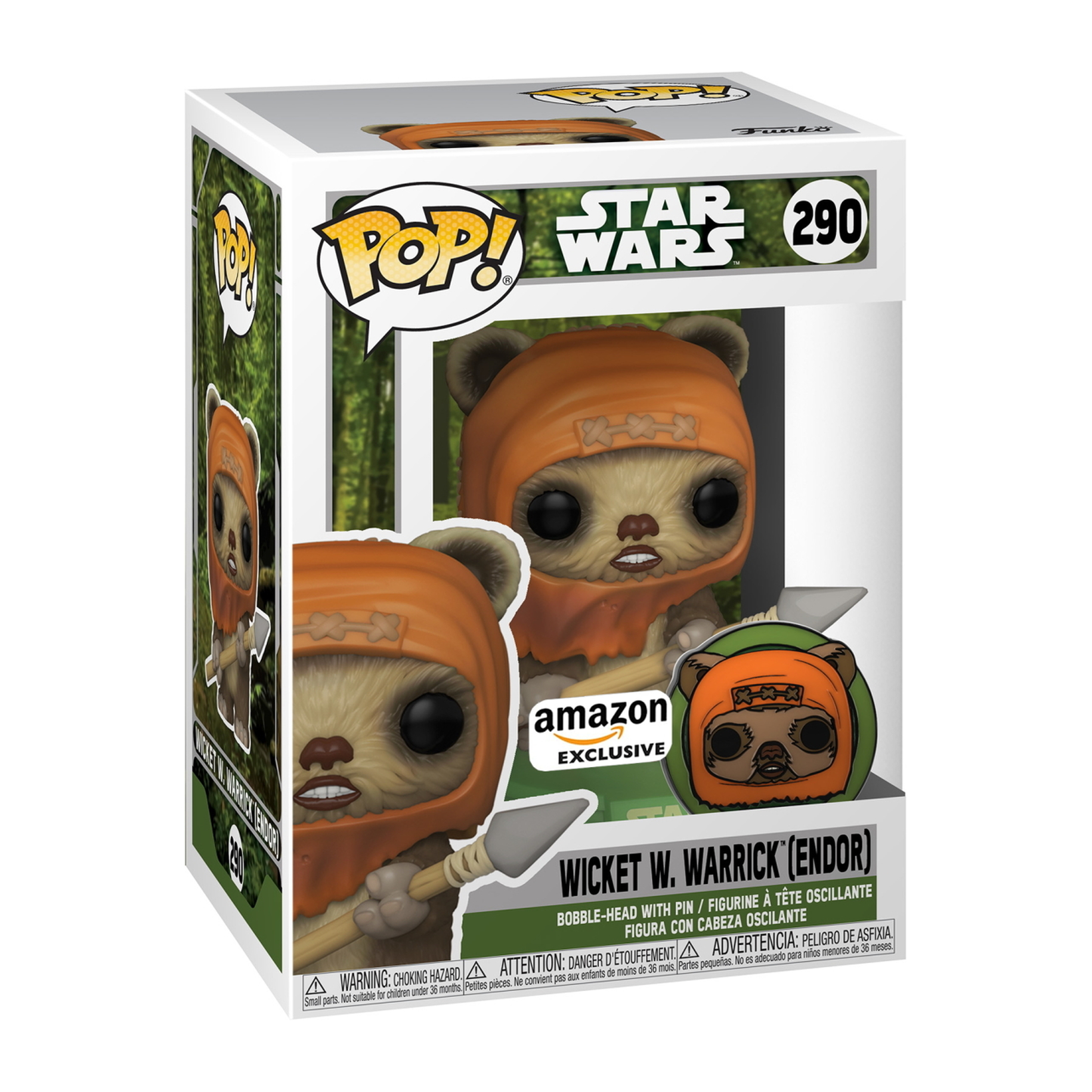 Wicket W. Warrick Figur in einer Box. Braunes Fell, orangefarbene Kapuze, hält einen Speer, mit Amazon-Aufkleber.