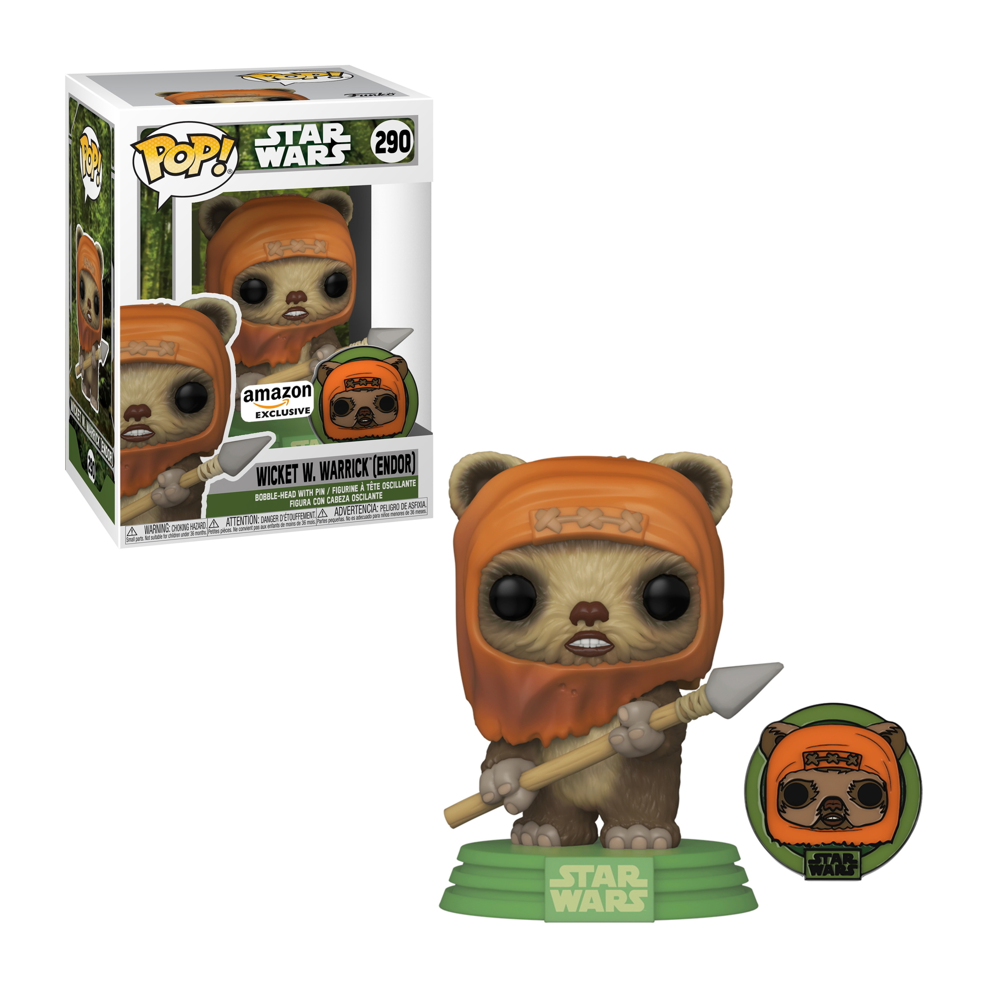 Wicket W. Warrick Funko Pop, Ewok mit Speer, in orangefarbener Kapuze, auf grüner Basis.
