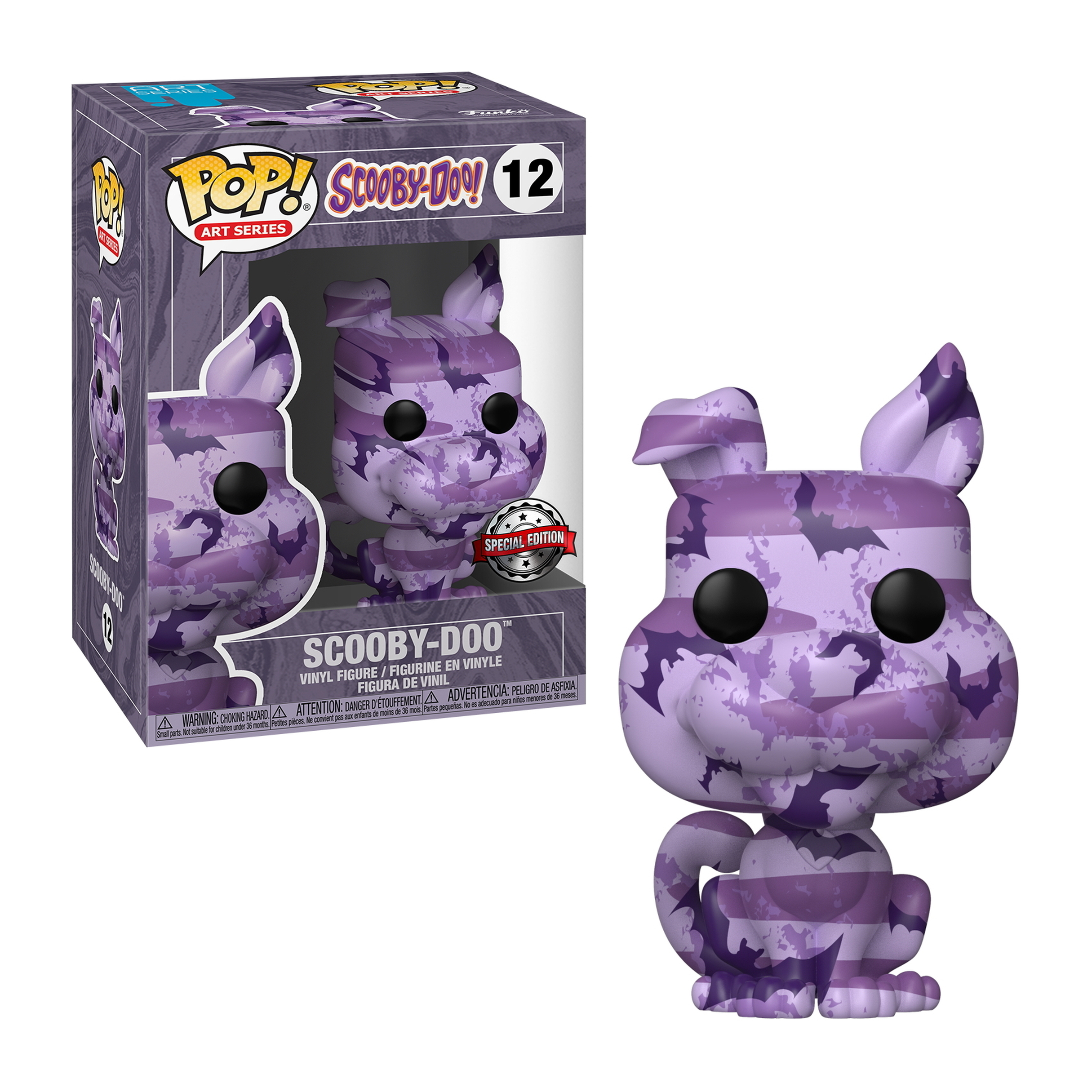 Scooby-Doo Figur mit lila Tarnmuster, in Box.