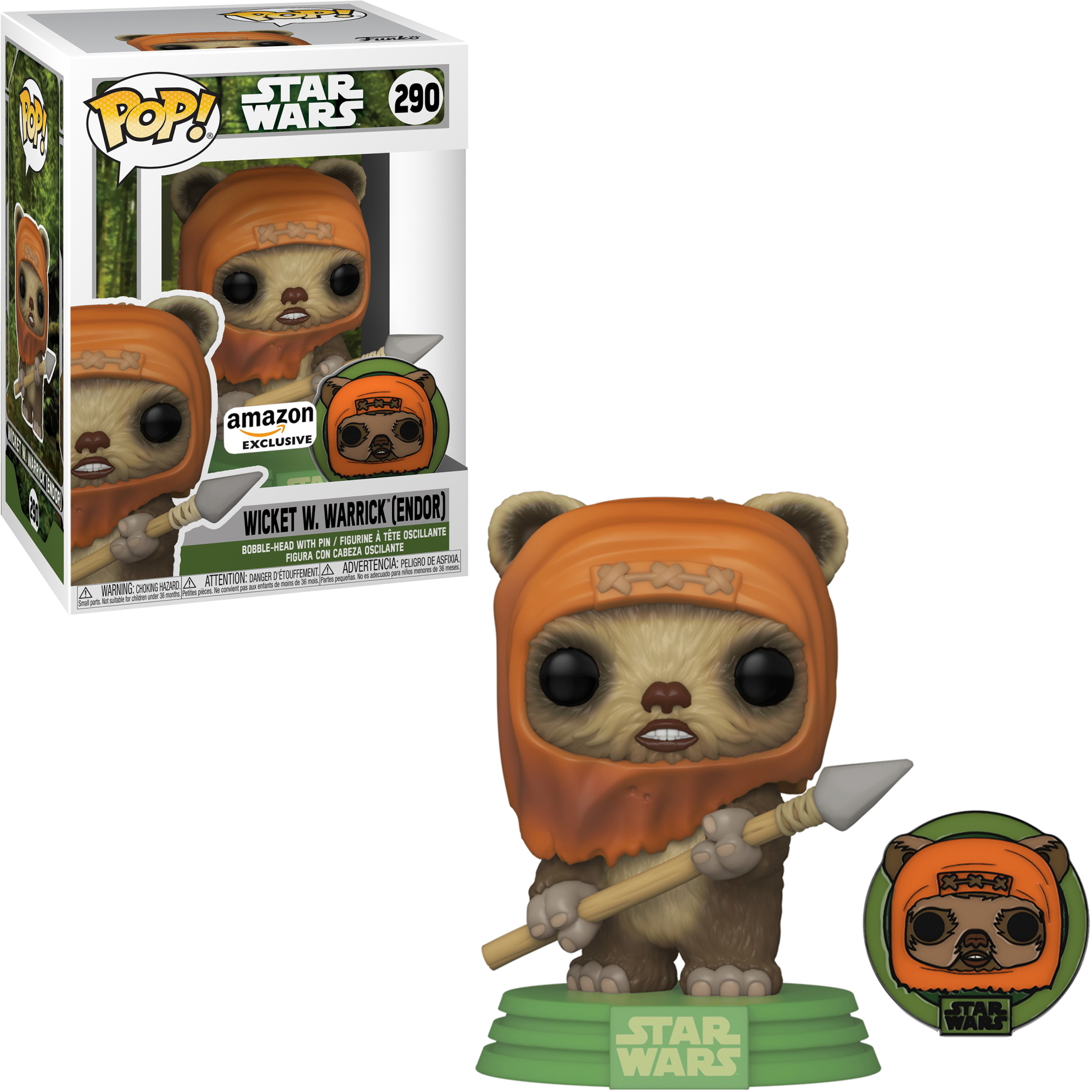 Wicket W. Warrick (Ewok) Funko Pop Figur mit einem Speer und einer Star Wars Box.