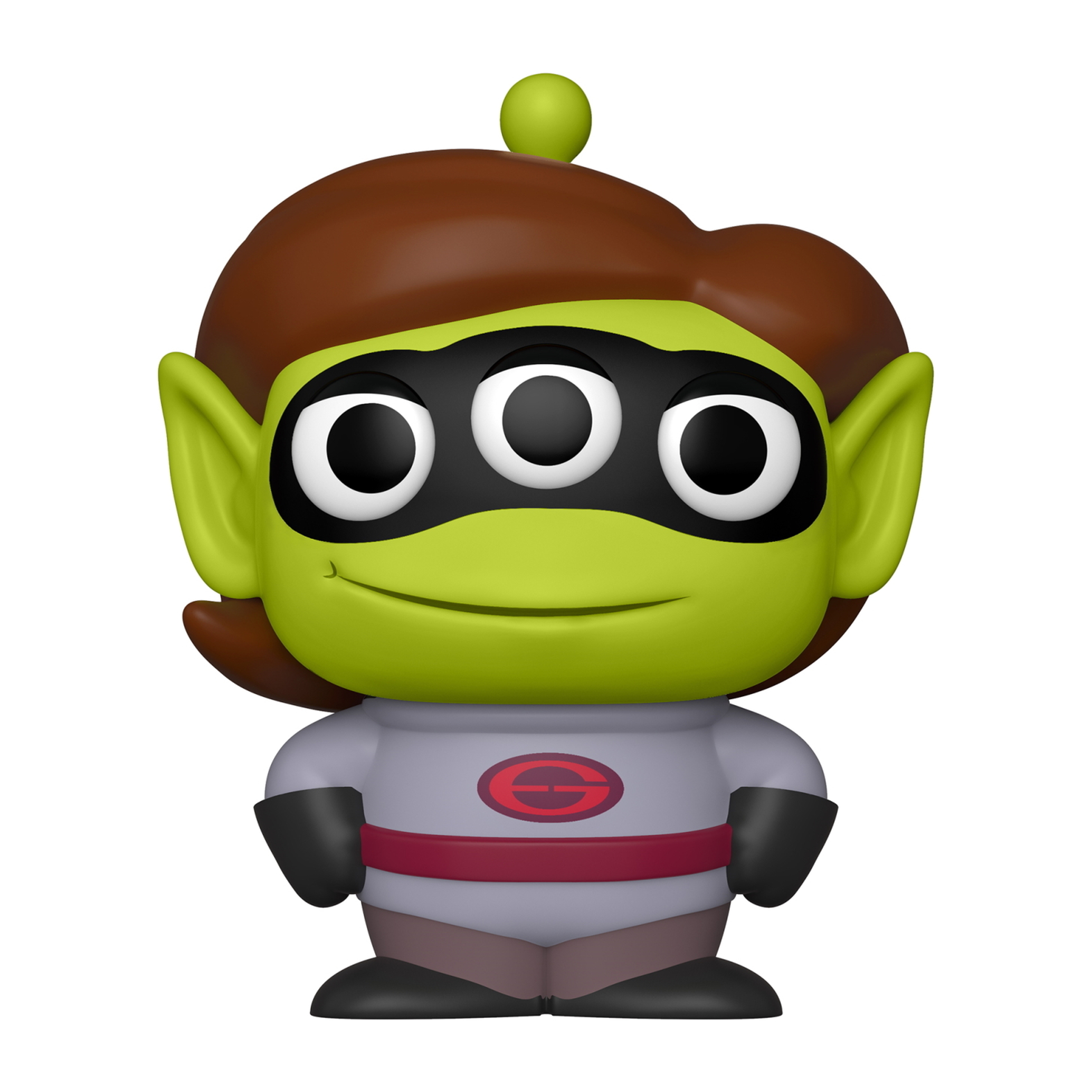 Alien Toy Story Funko Pop Figur. Es ist grün mit drei Augen, mit einem grauen und roten Anzug.