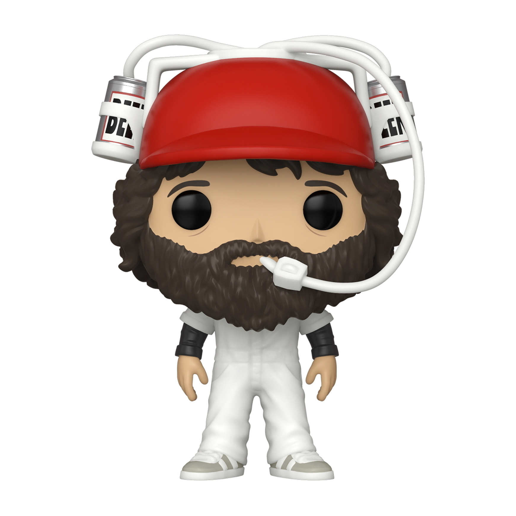Funko Pop Figur: ein Mann mit rotem Helm und Dosen, der einen weißen Overall trägt.