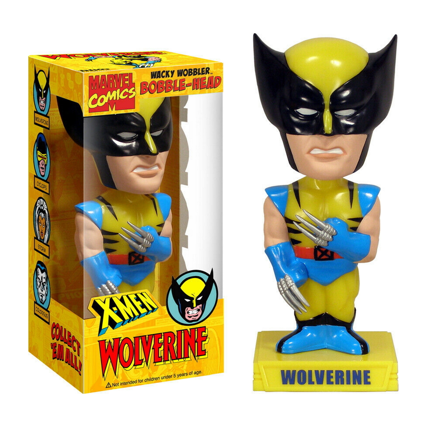 Eine Wolverine Wackelkopf-Figur mit einer Box. Die Figur ist gelb und blau mit Krallen.
