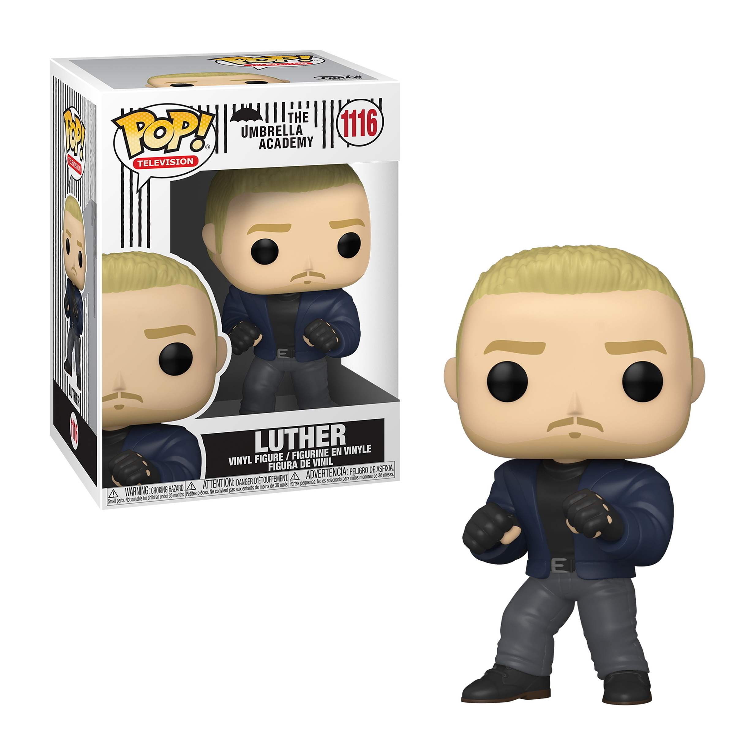 Figurka Luthera z blond włosami, w czarnej koszuli i niebieskiej kurtce. On stoi.