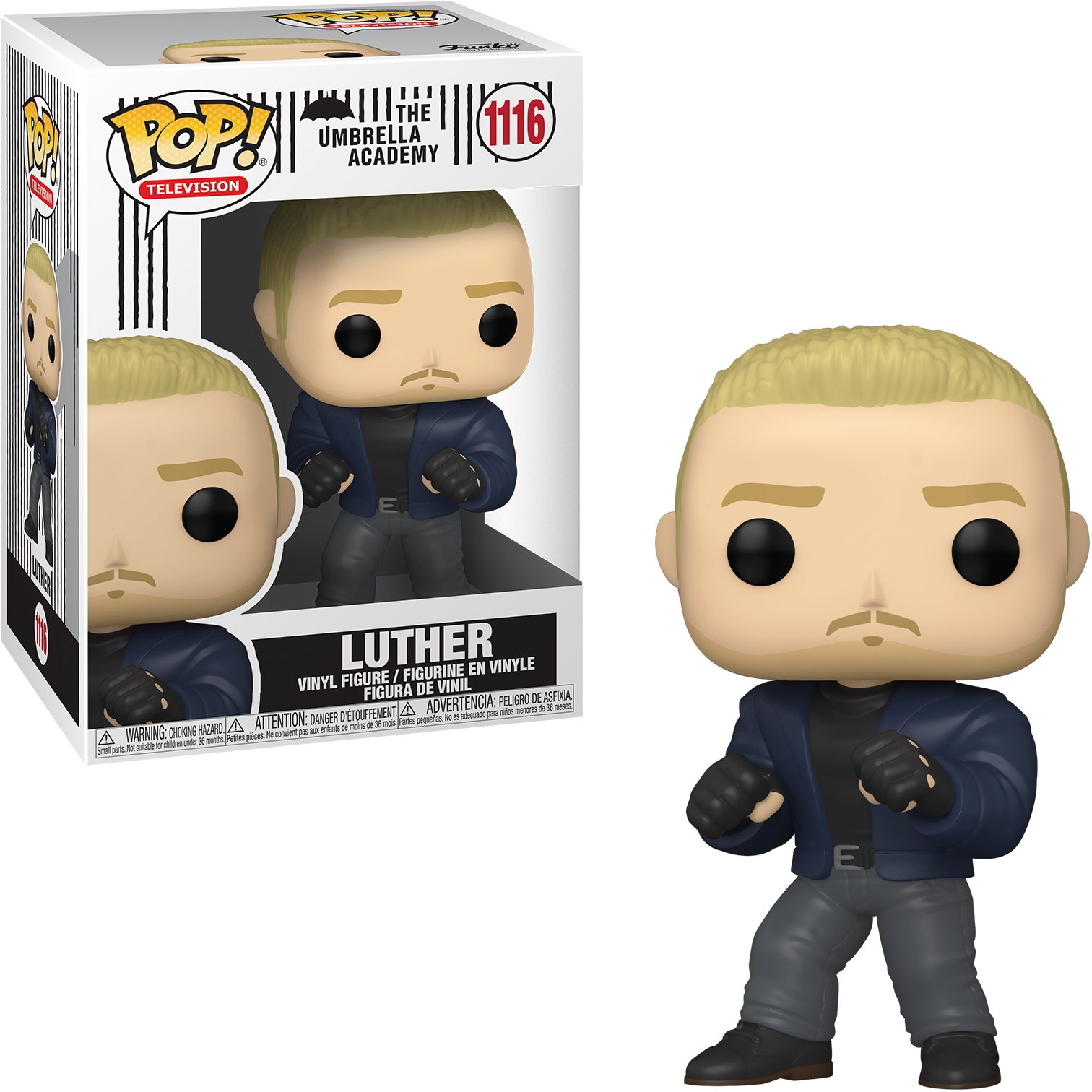 Figurka Luthera z blond włosami, wąsami i czarnymi rękawicami. Ubrany w niebieską kurtkę i szare spodnie.