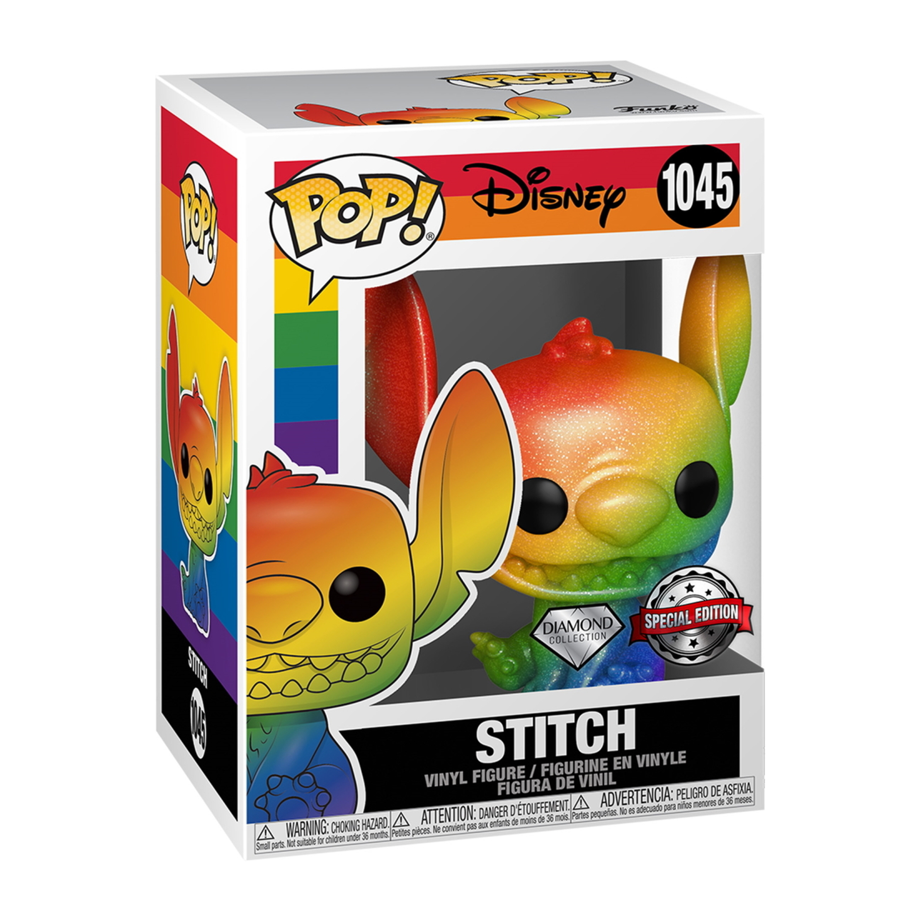 Stitch Funko Pop in einer Box. Die Figur ist ein Regenbogen-Stitch. Die Box hat einen Regenbogen-Hintergrund.