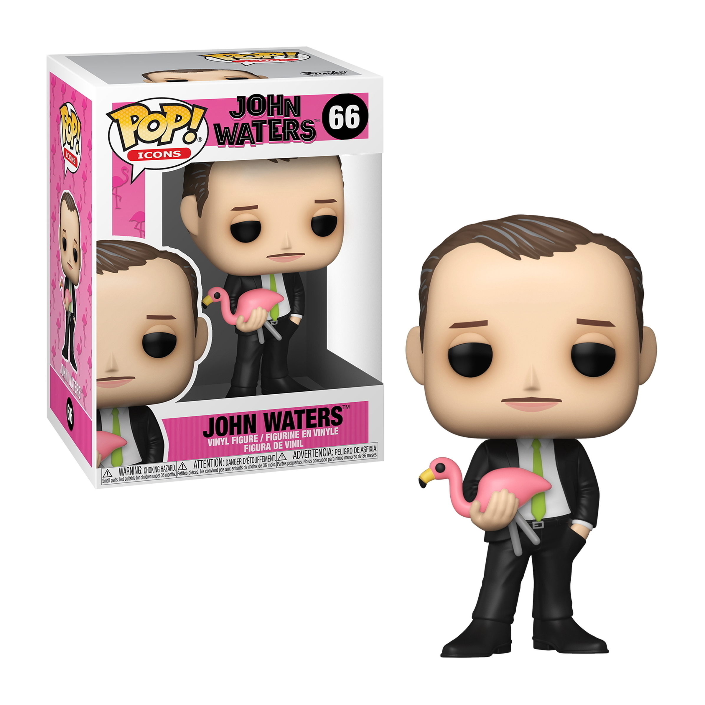 Eine John Waters Funko Pop Figur mit einem rosa Flamingo. Er trägt einen Anzug und hält den Flamingo mit ernstem Gesicht.