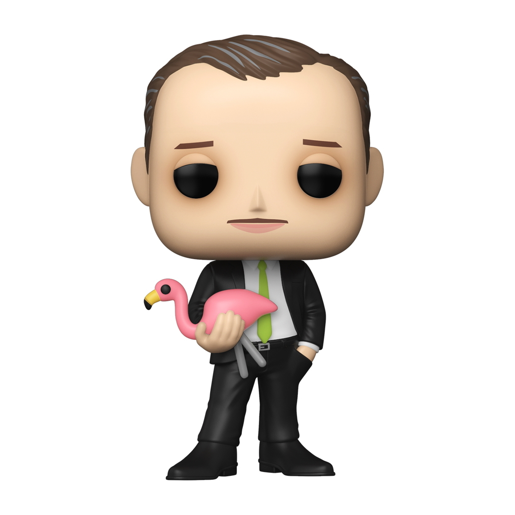 Funko Pop Figur eines Mannes im Anzug, der einen rosa Flamingo hält.
