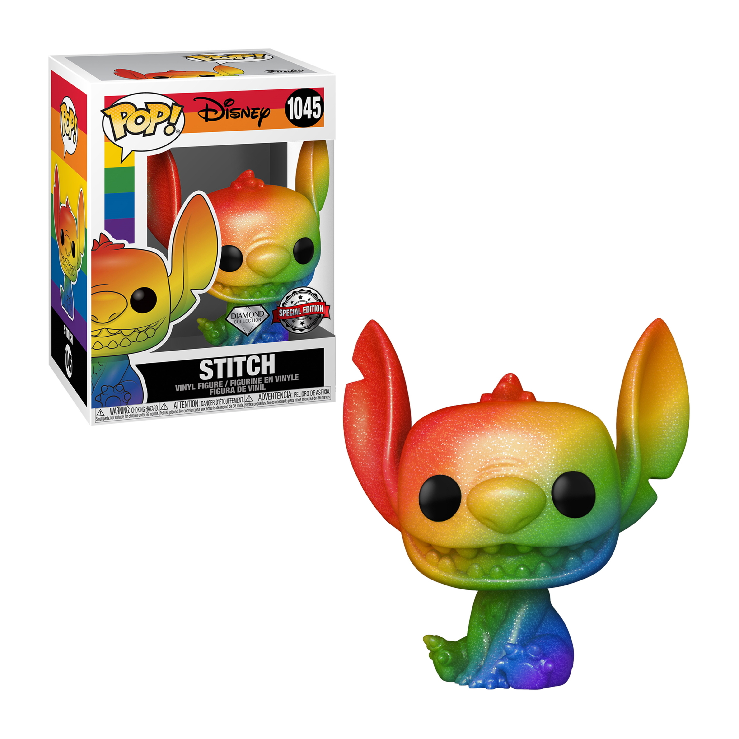 Stitch Funko Pop Figur mit Regenbogenfarben. Diamond Special Edition. Box mit Stitch darauf.