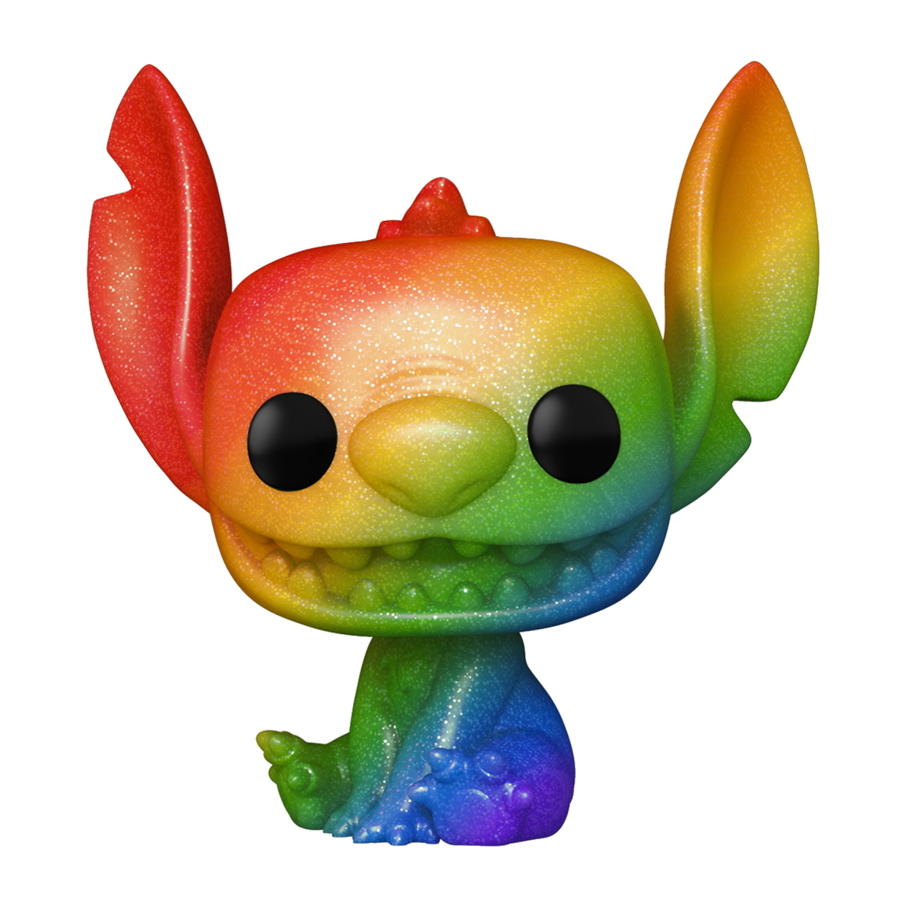 Glitzernde Regenbogen Stitch Funko Pop Figur. Weißer Hintergrund.
