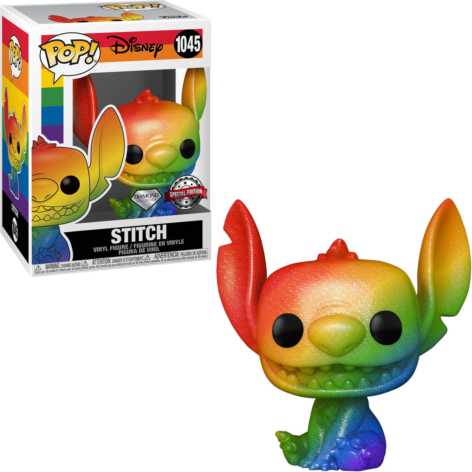 Regenbogenfarbener Stitch Funko Pop Figur in einer Box. Die Figur hat Regenbogenfarben.